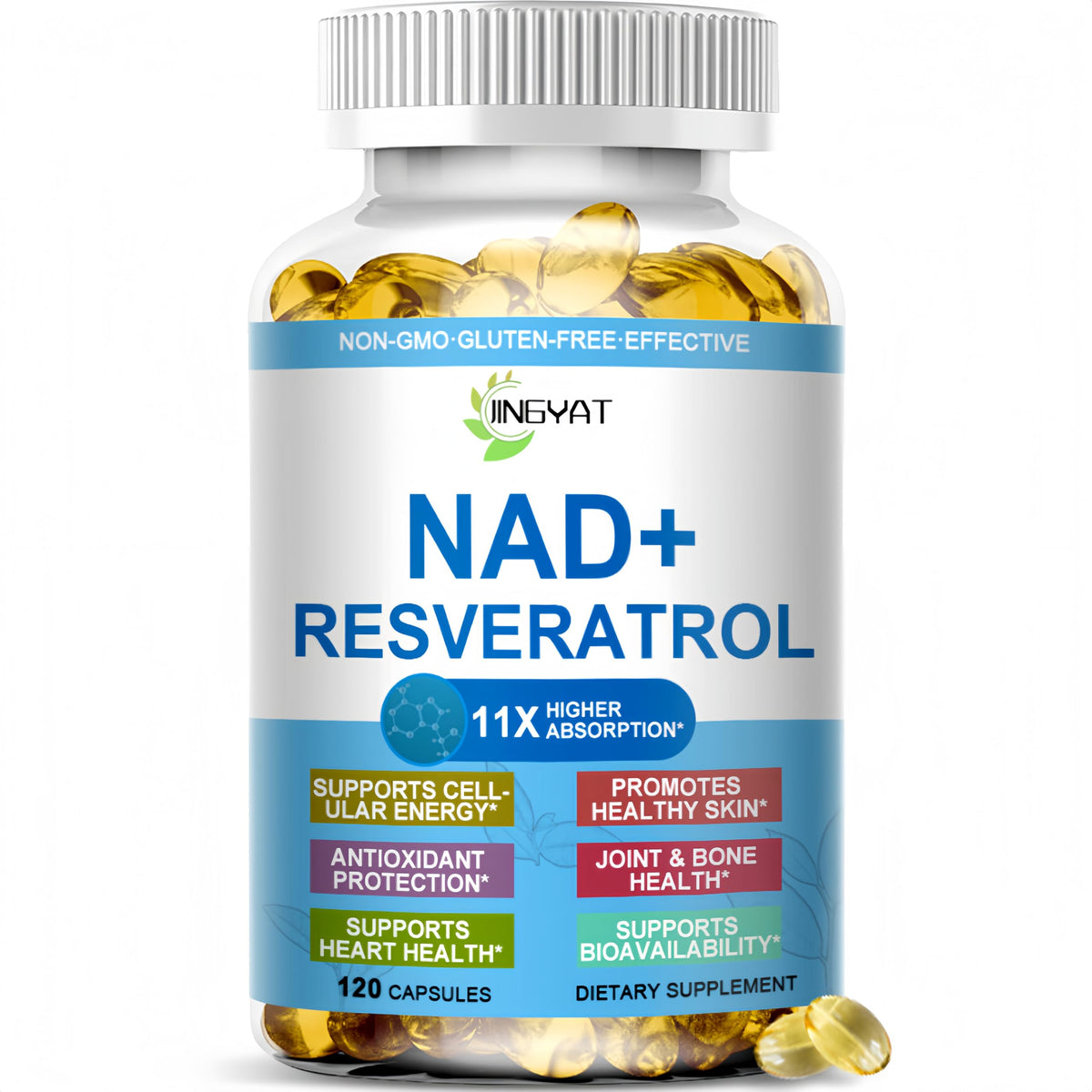 JINGYAT NAD Resveratrol Supplement 11-in-1 Complex softgels front view