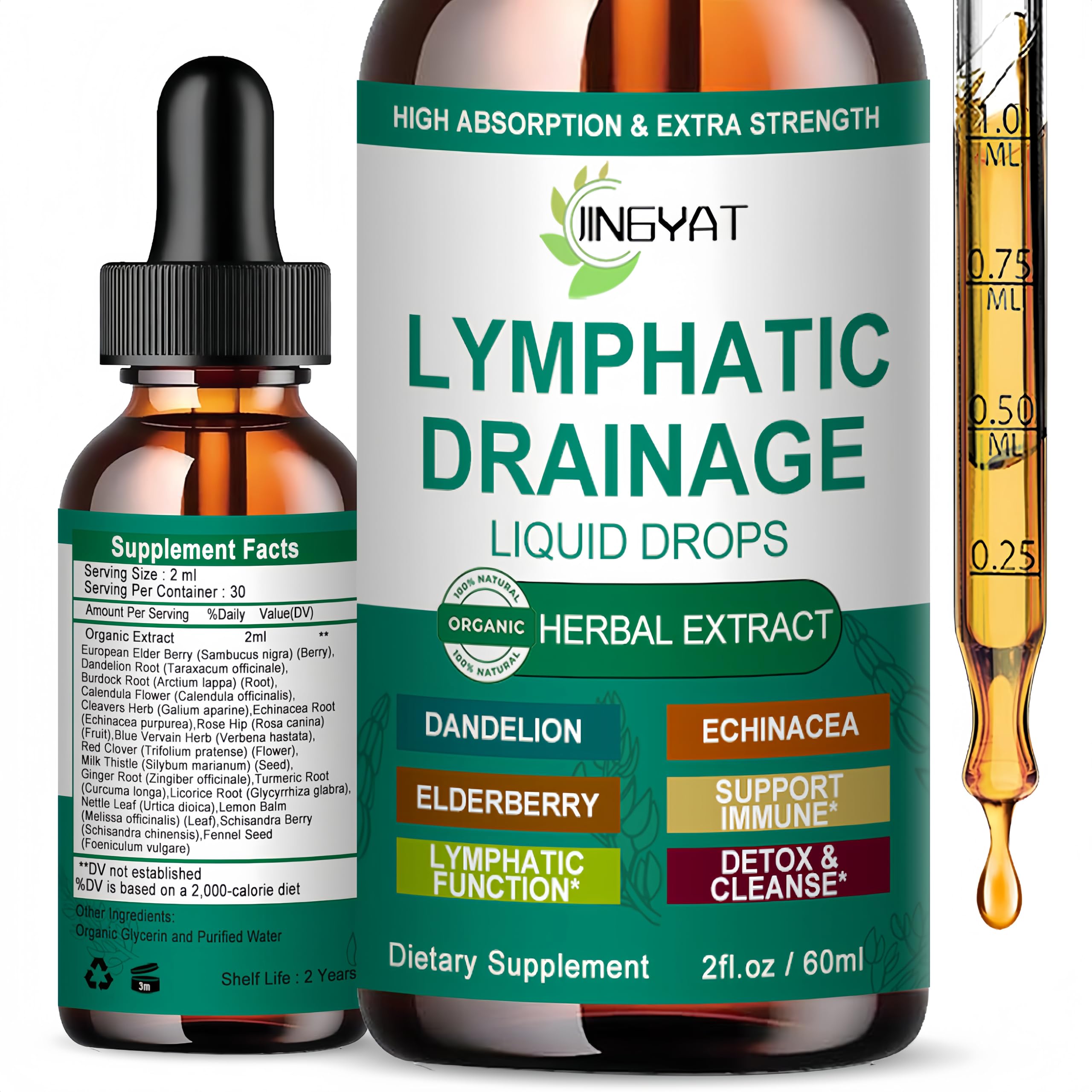 JINGYAT Organic Lymphatic Drainage Drops front view with dropper