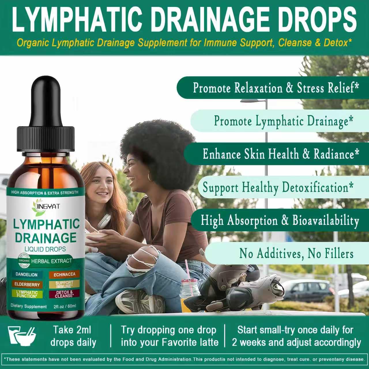 JINGYAT Organic Lymphatic Drainage Drops showing dropper and liquid