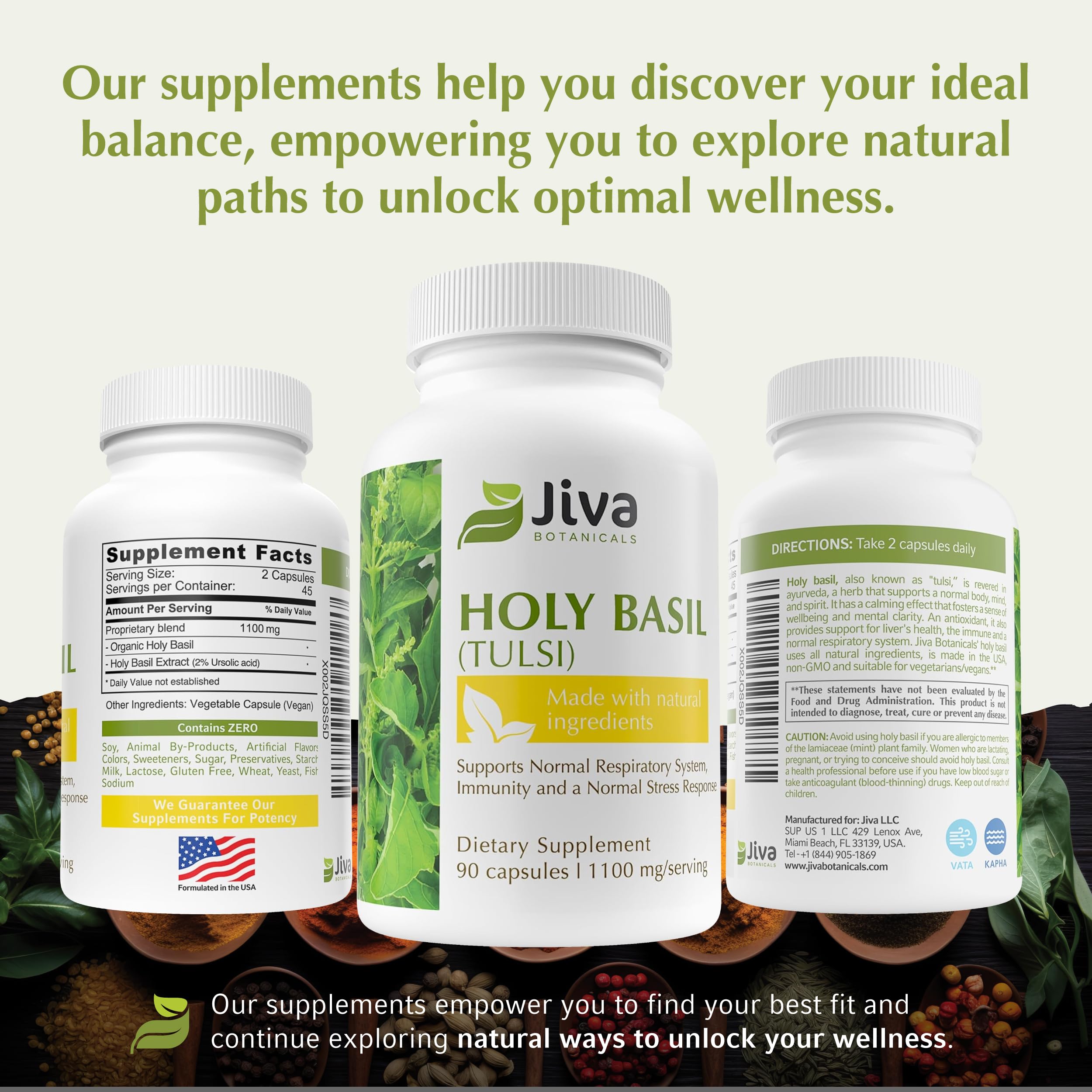 Jiva Botanicals Holy Basil Capsules 1100mg bottle with a measuring spoon