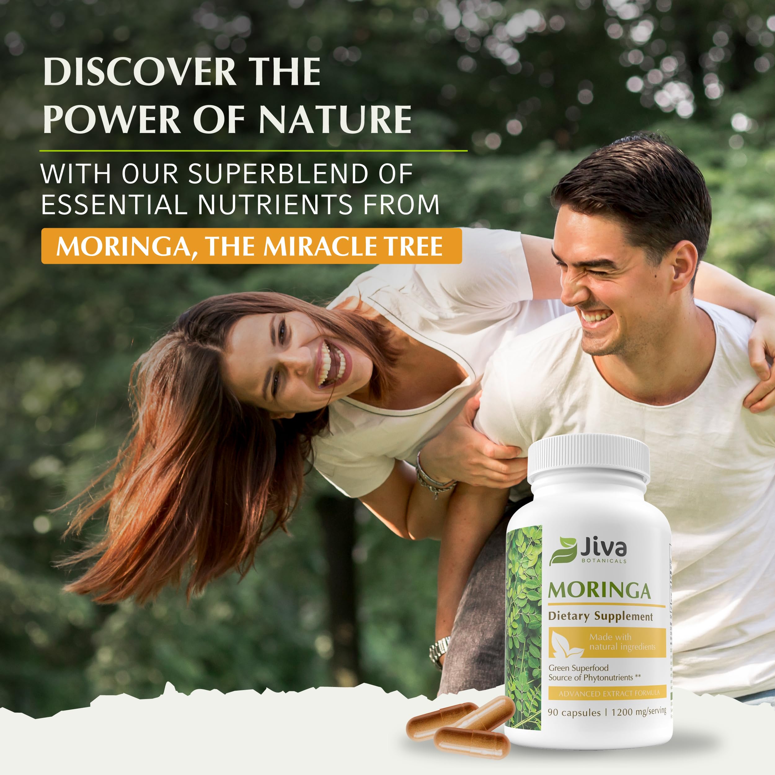 Jiva Botanicals Moringa Powder Capsules on a wooden table
