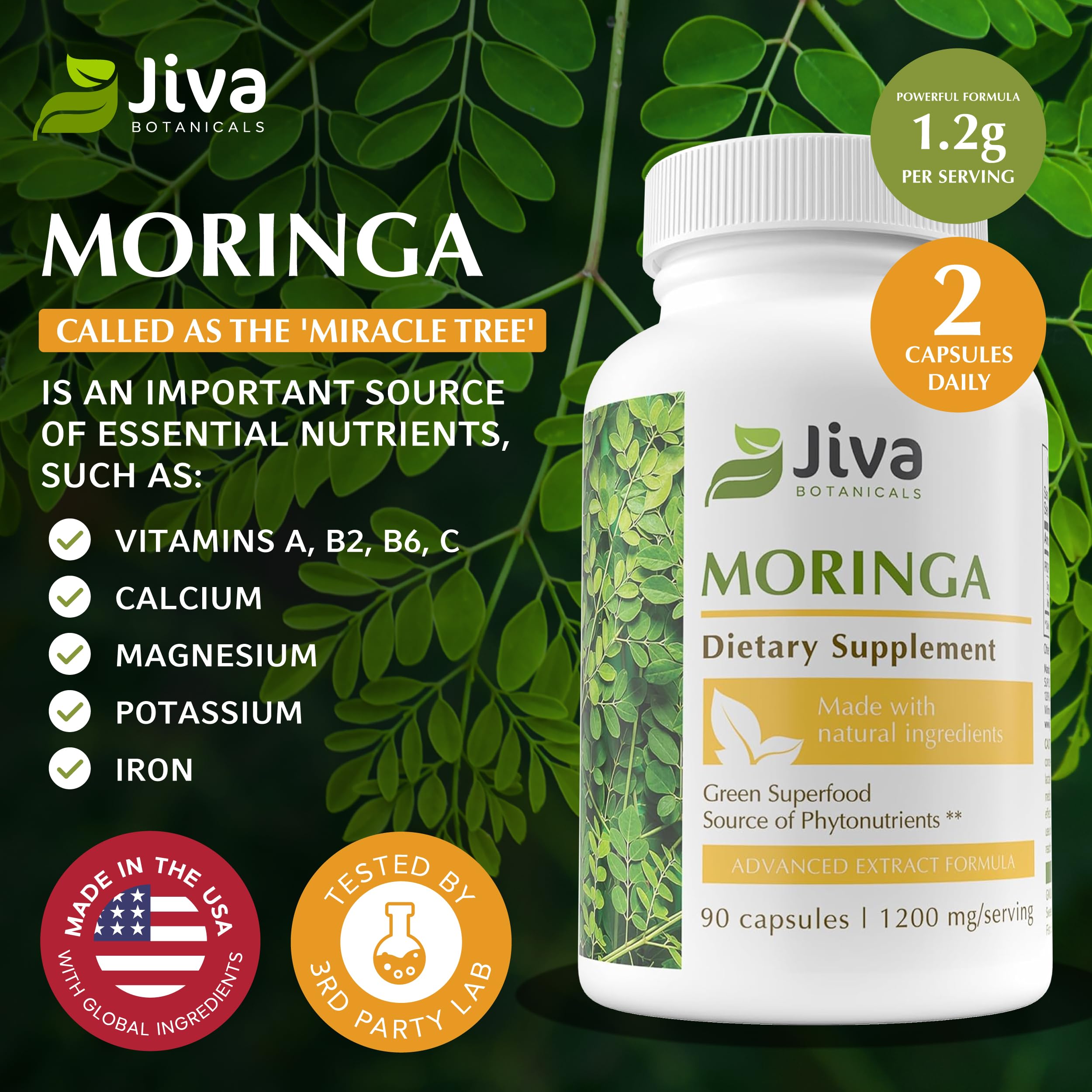 Jiva Botanicals Moringa Powder Capsules with a measuring scoop