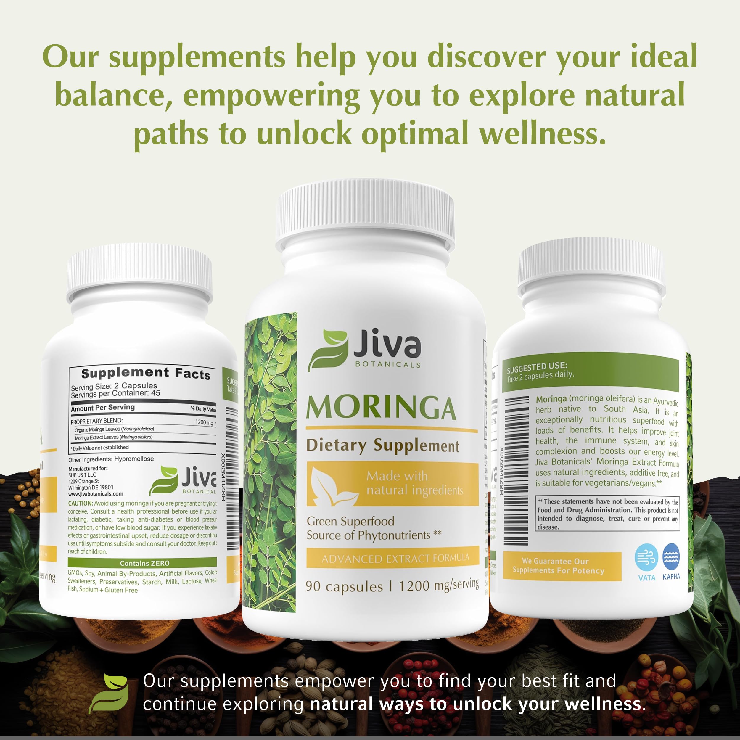 Jiva Botanicals Moringa Powder Capsules with fresh Moringa leaves