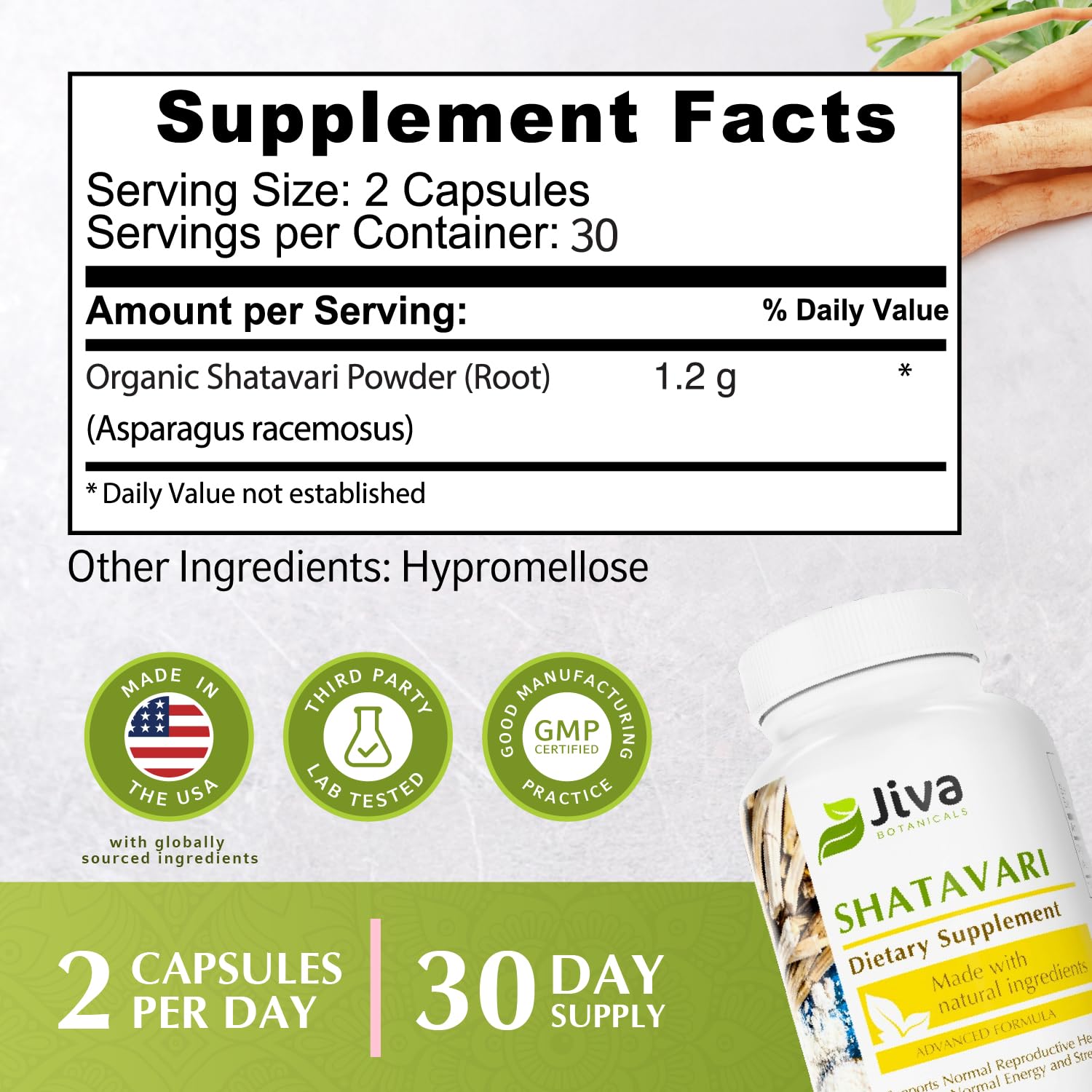 Jiva Botanicals Shatavari Capsules on a wooden table