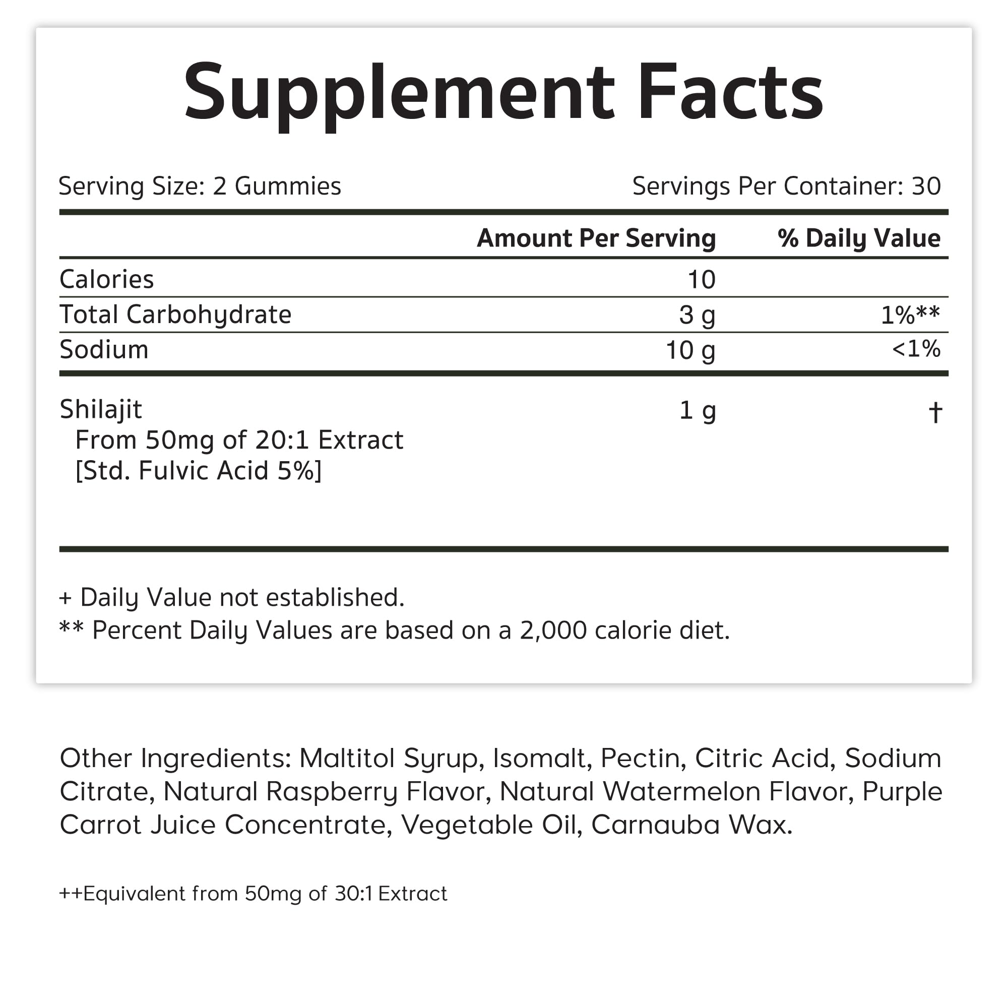 Jiva Botanicals Shilajit Gummies showing nutritional information