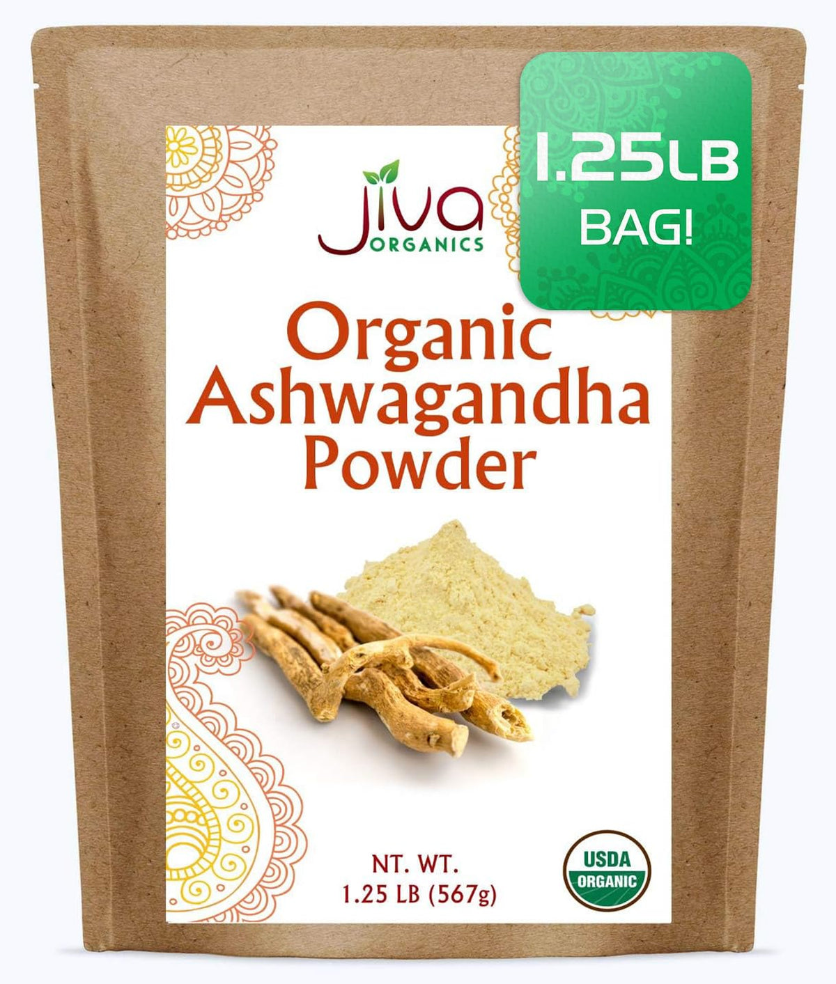 Jiva Organics Organic Ashwagandha Root Powder 20oz bulk bag front view