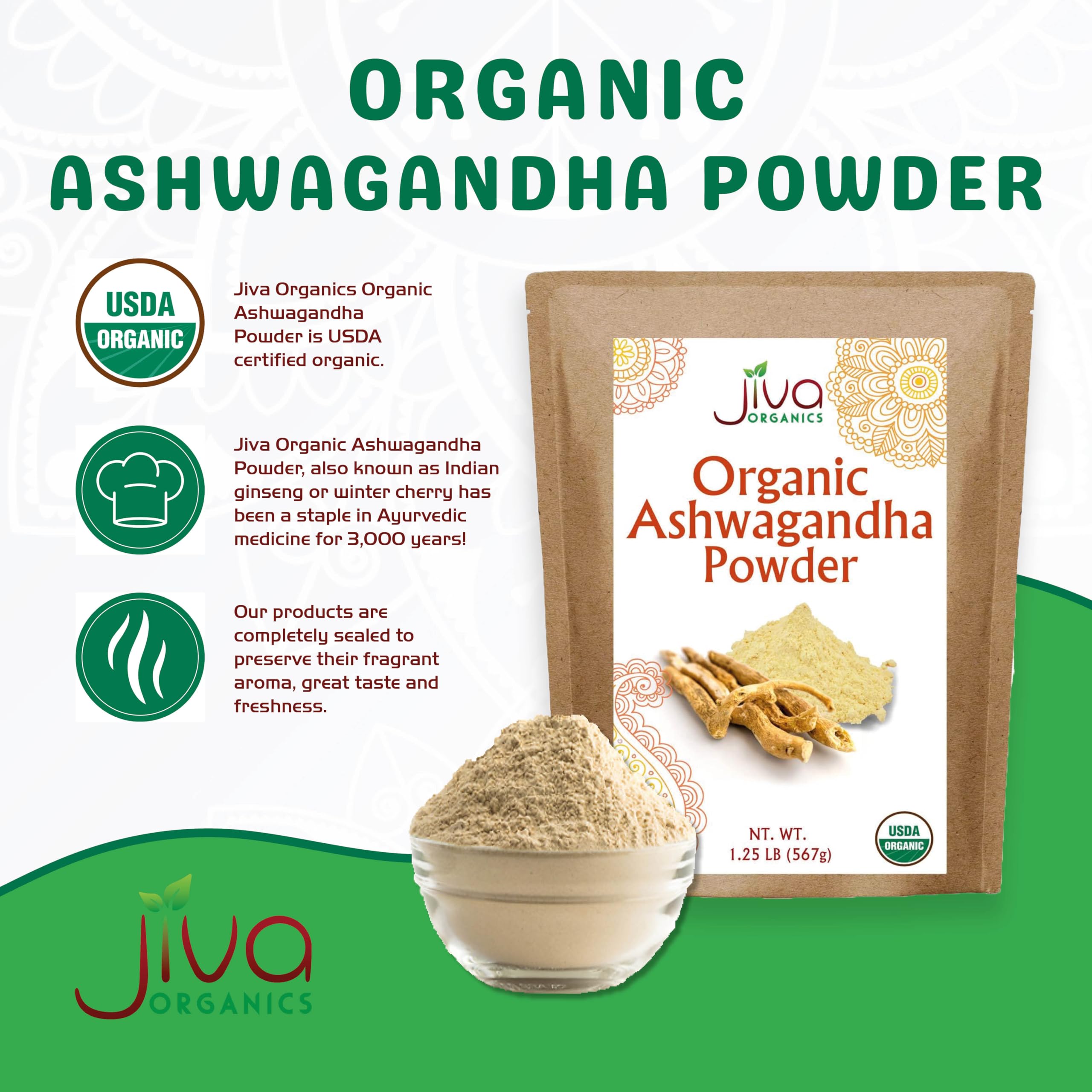 Jiva Organics Organic Ashwagandha Root Powder 20oz bulk bag side view