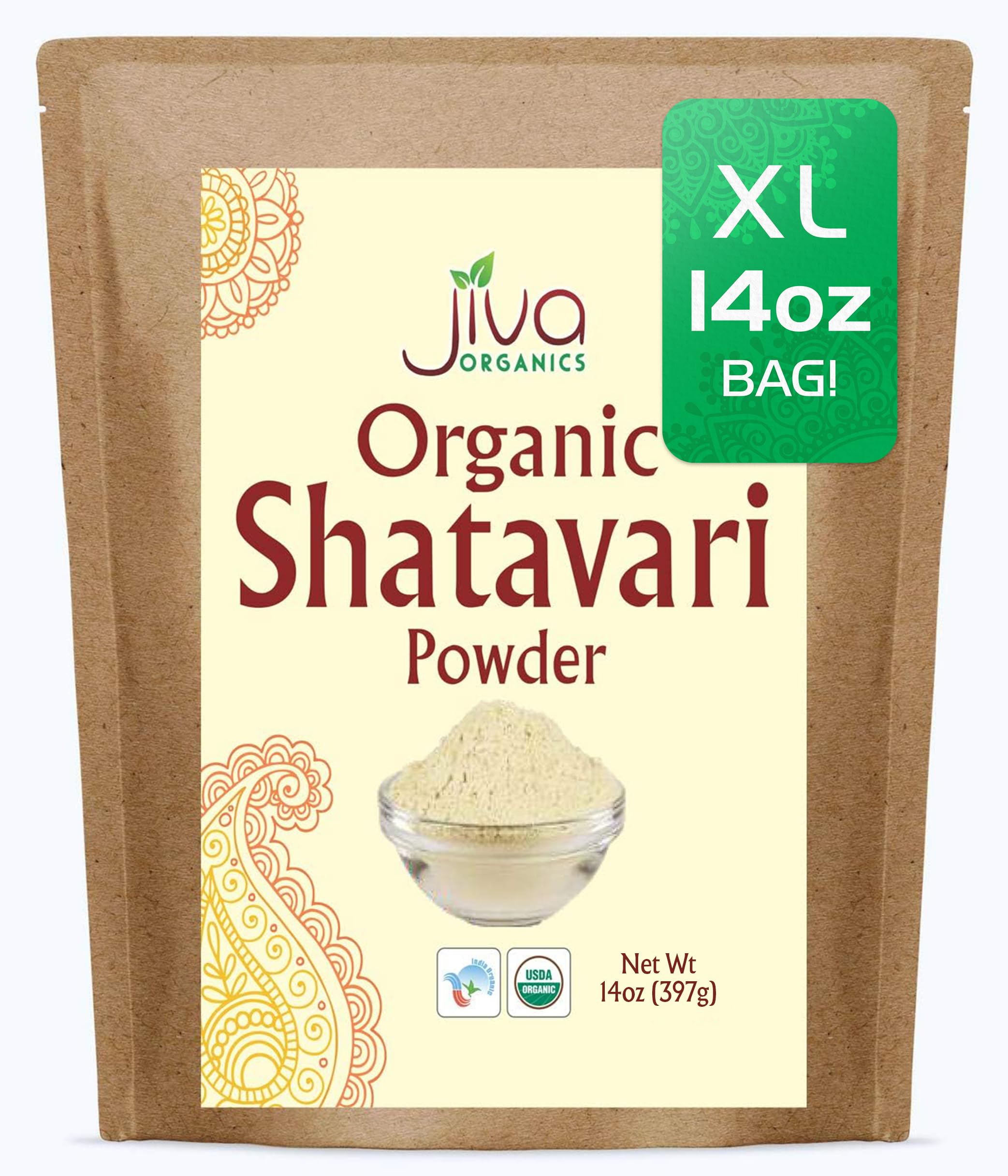 Jiva Organics Shatavari Powder 14 Ounce Kraft bag front view