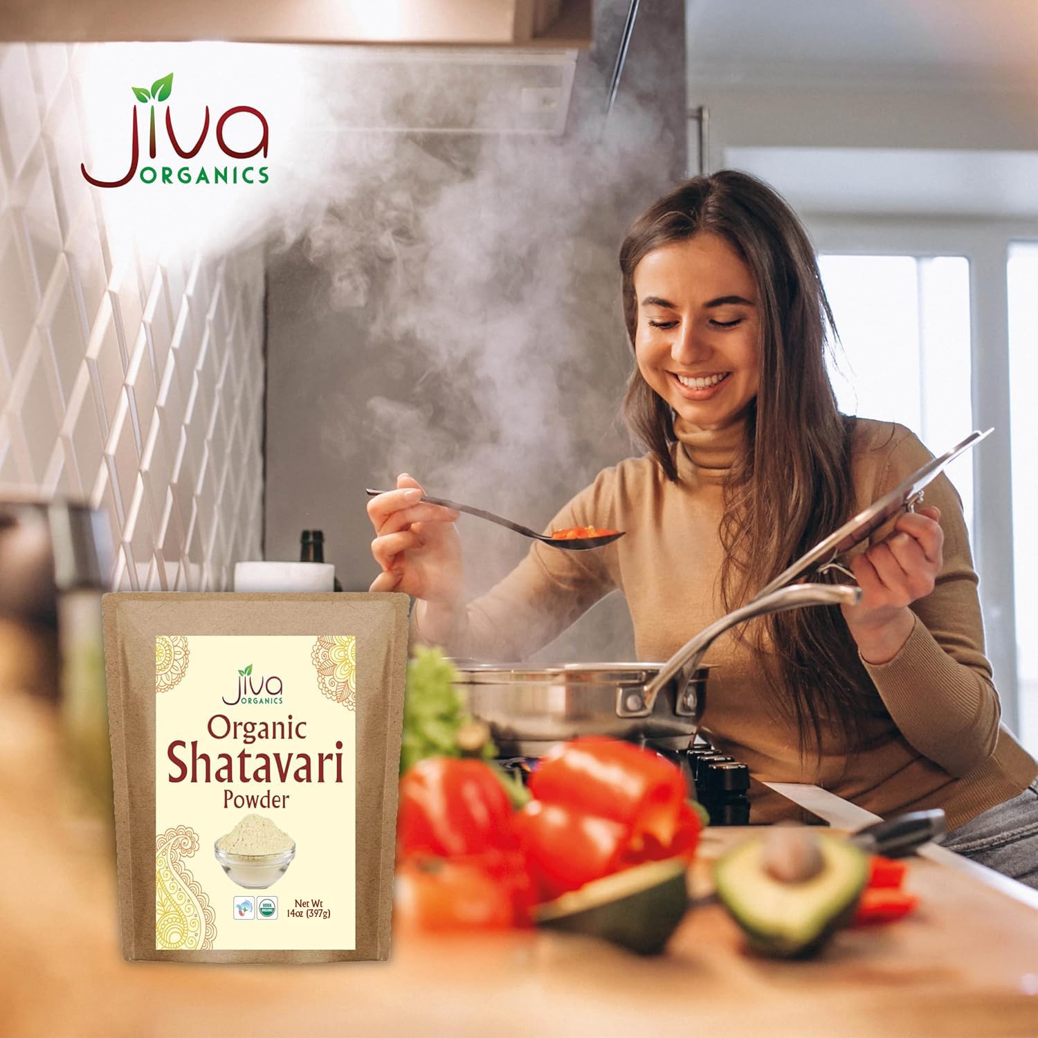 Jiva Organics Shatavari Powder in a kitchen setting