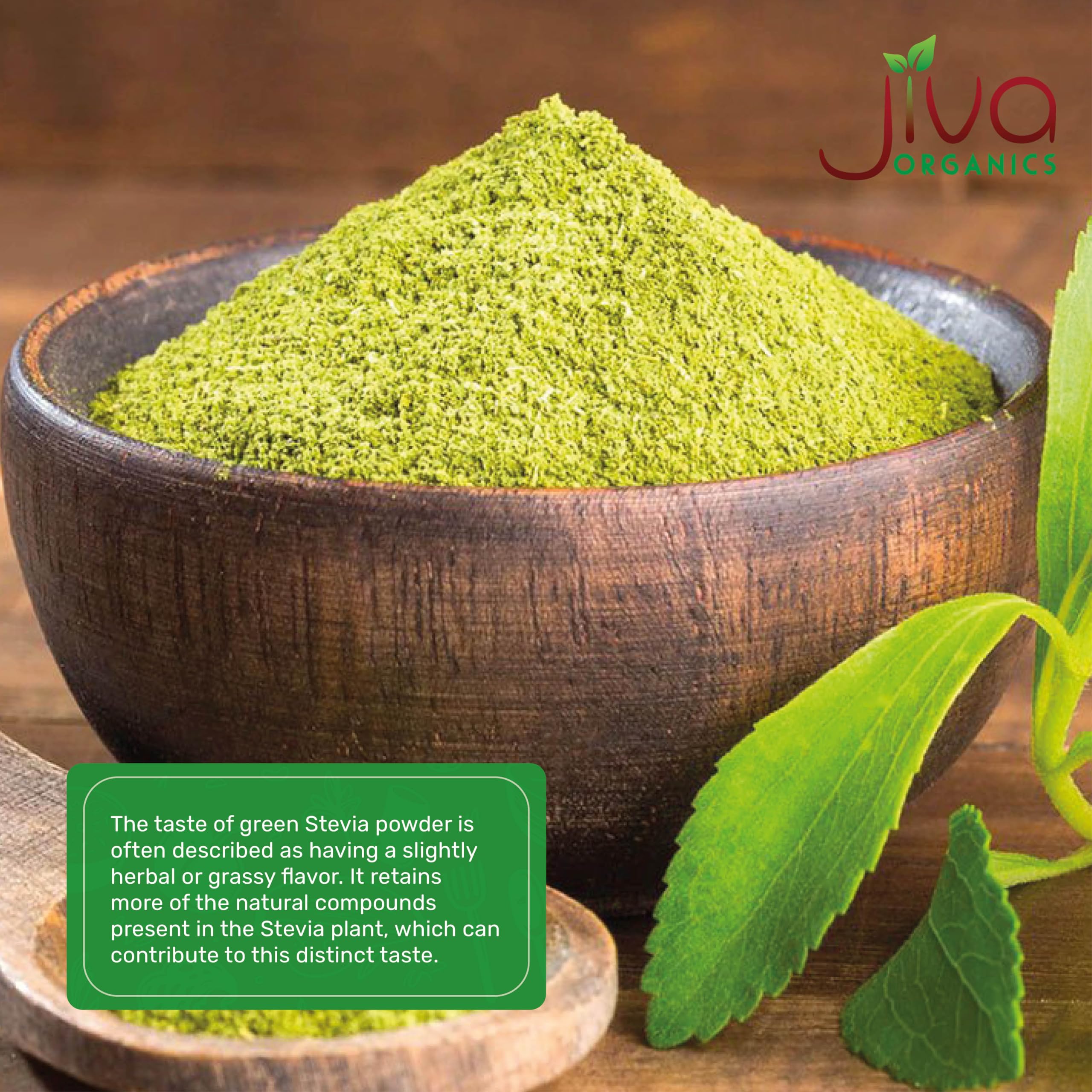 Jiva Organics Stevia Leaf Powder in a glass jar