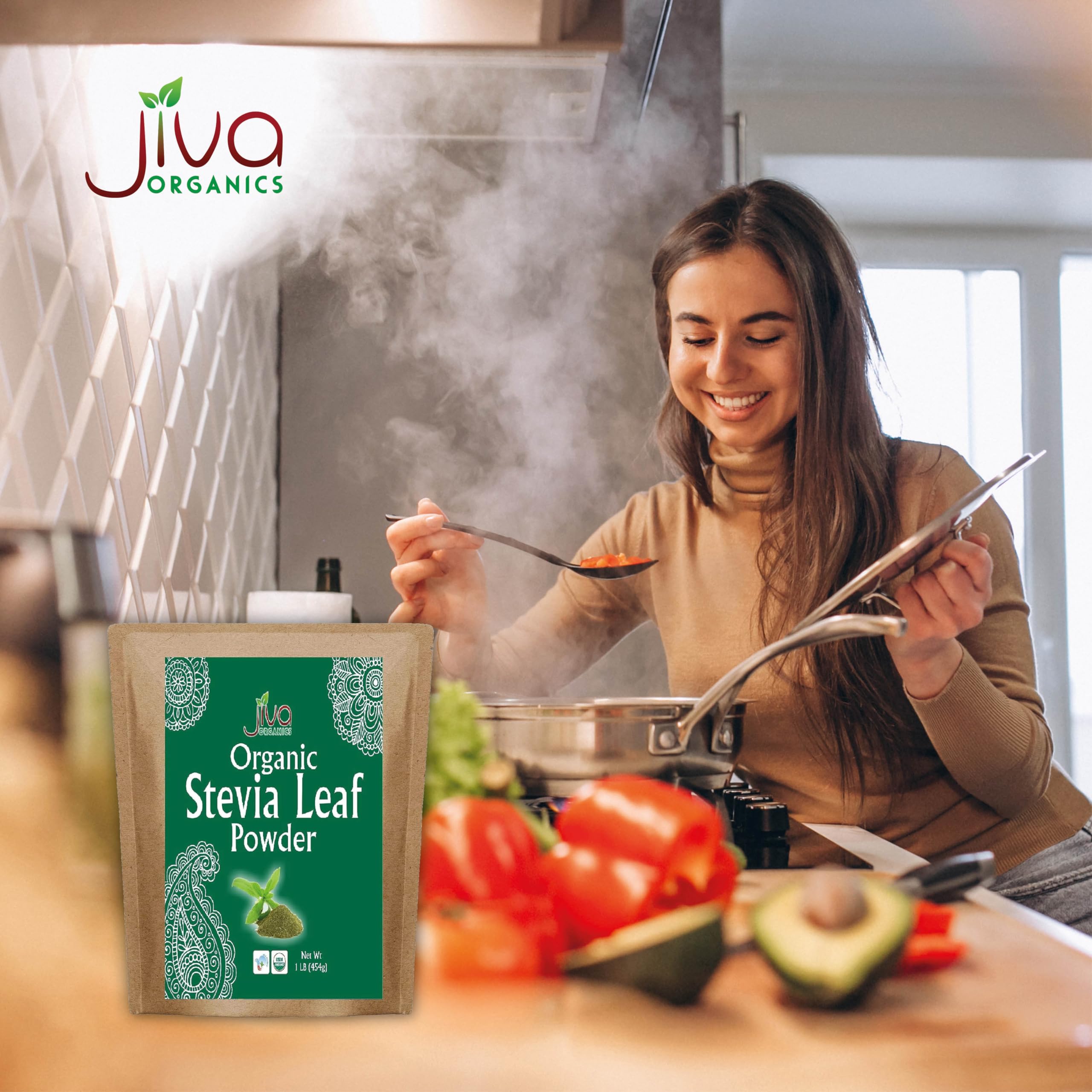 Jiva Organics Stevia Leaf Powder lifestyle scene with baking ingredients