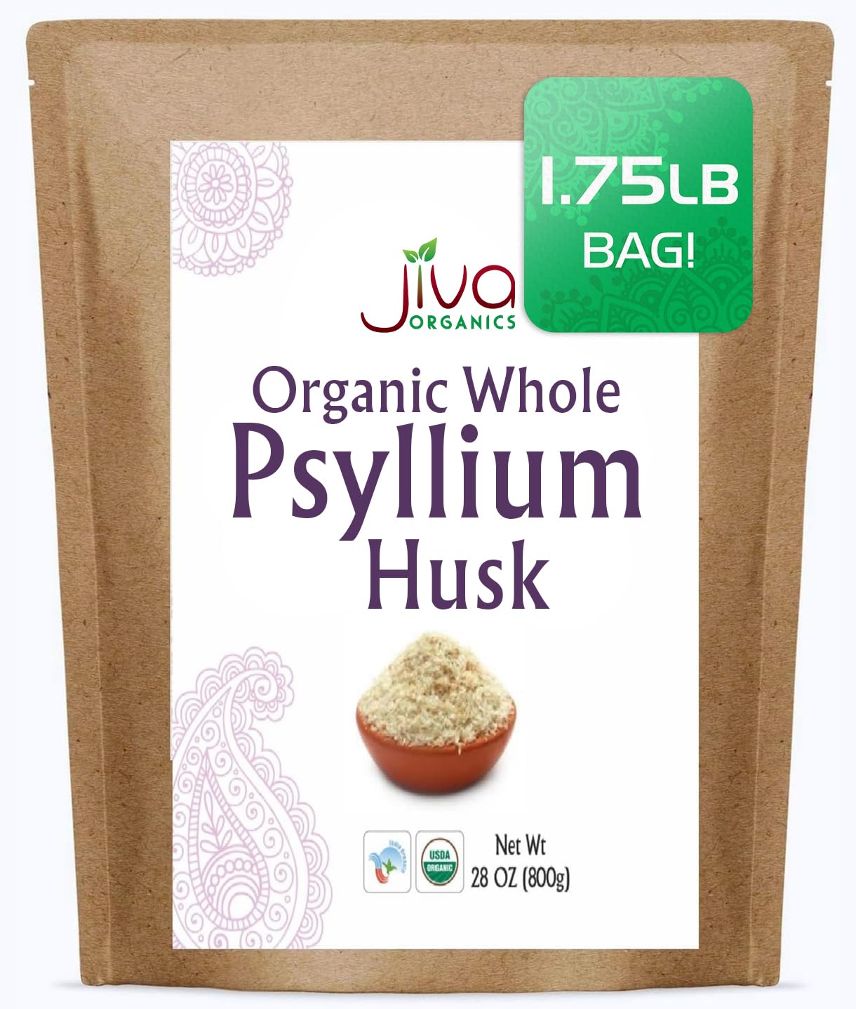 Jiva Organics Whole Psyllium Husk 800g Kraft Paper Bag front view