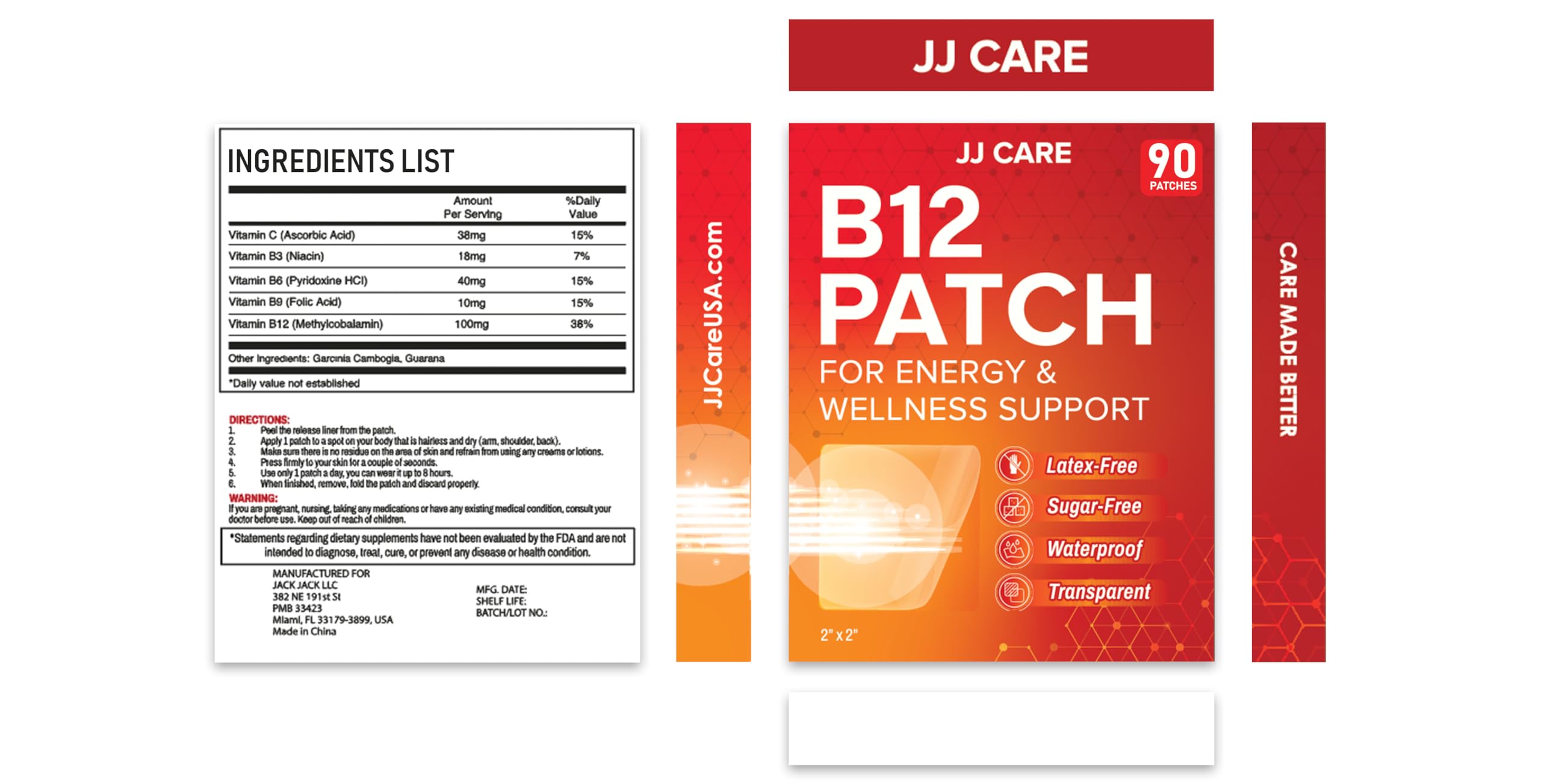 JJ CARE B12 Patch showing peel-off backing
