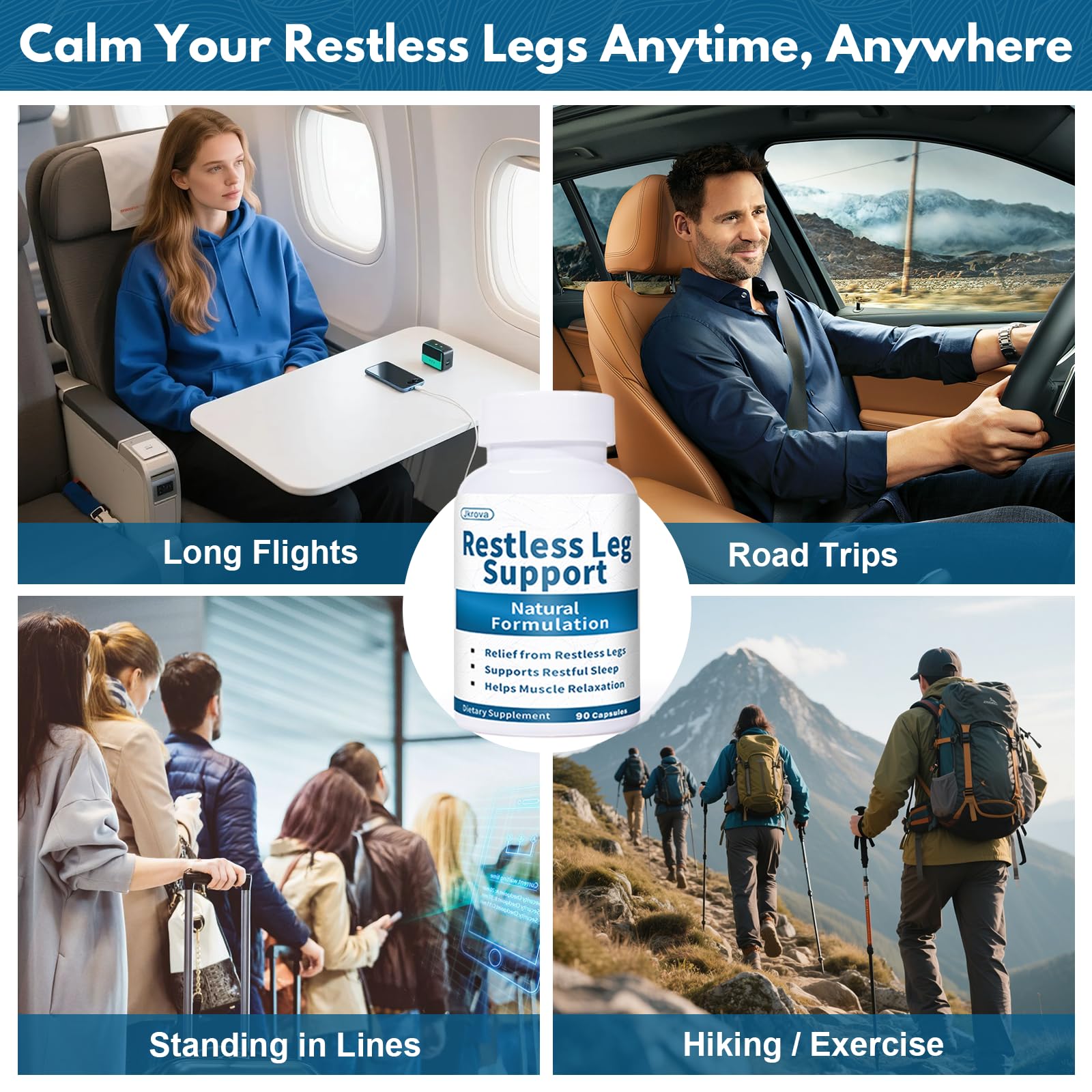 Jkrova Restless Legs Relief Capsules displayed on a table