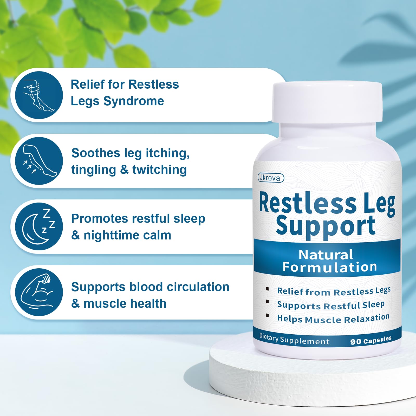 Jkrova Restless Legs Relief Capsules opened bottle with capsules