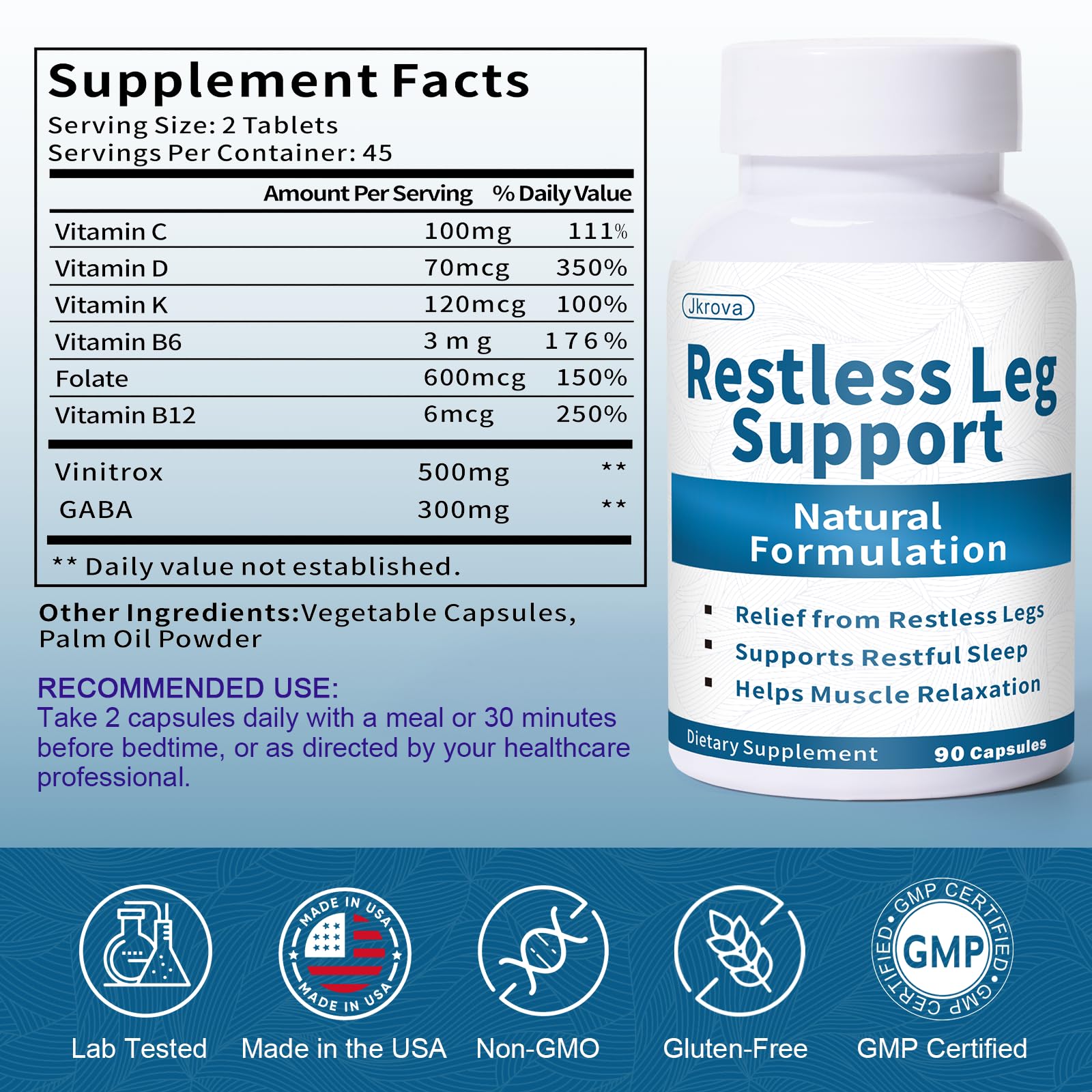 Jkrova Restless Legs Relief Capsules side view showing dosage
