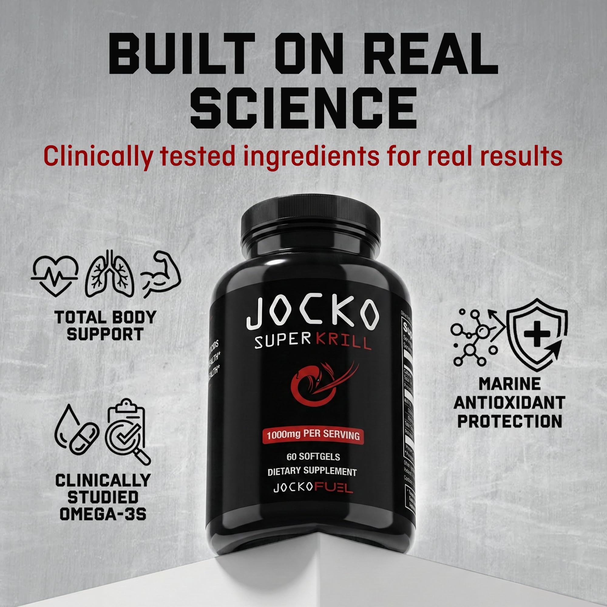 Jocko Fuel Super Krill Oil displayed with other supplements