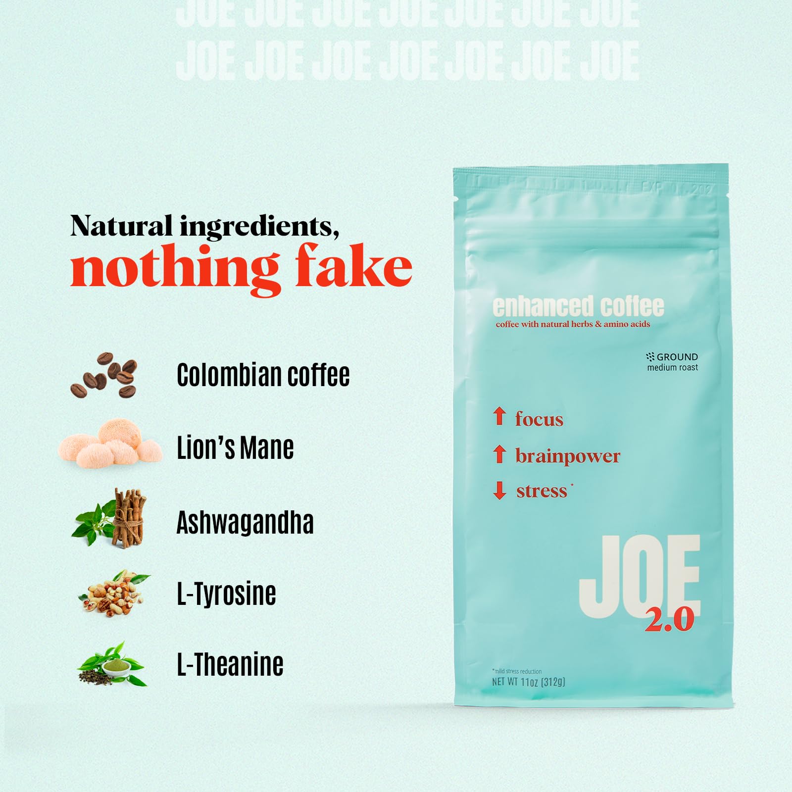 Joe 2.0 Mushroom Coffee packaging with Colombian beans