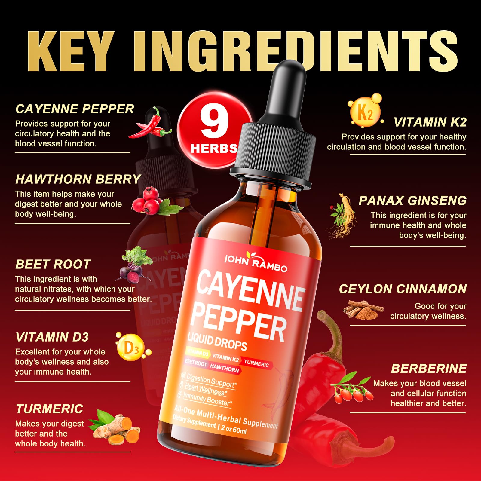JOHN RAMBO Cayenne Pepper Liquid Drops bottle with label