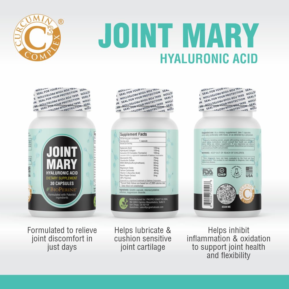 JOINT MARY Hyaluronic Acid Joint Support Capsules on a wooden table