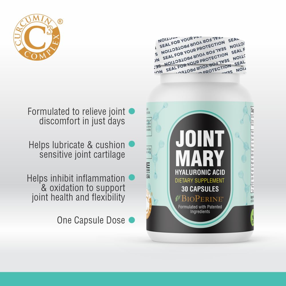 JOINT MARY Hyaluronic Acid Joint Support Capsules with dosage information