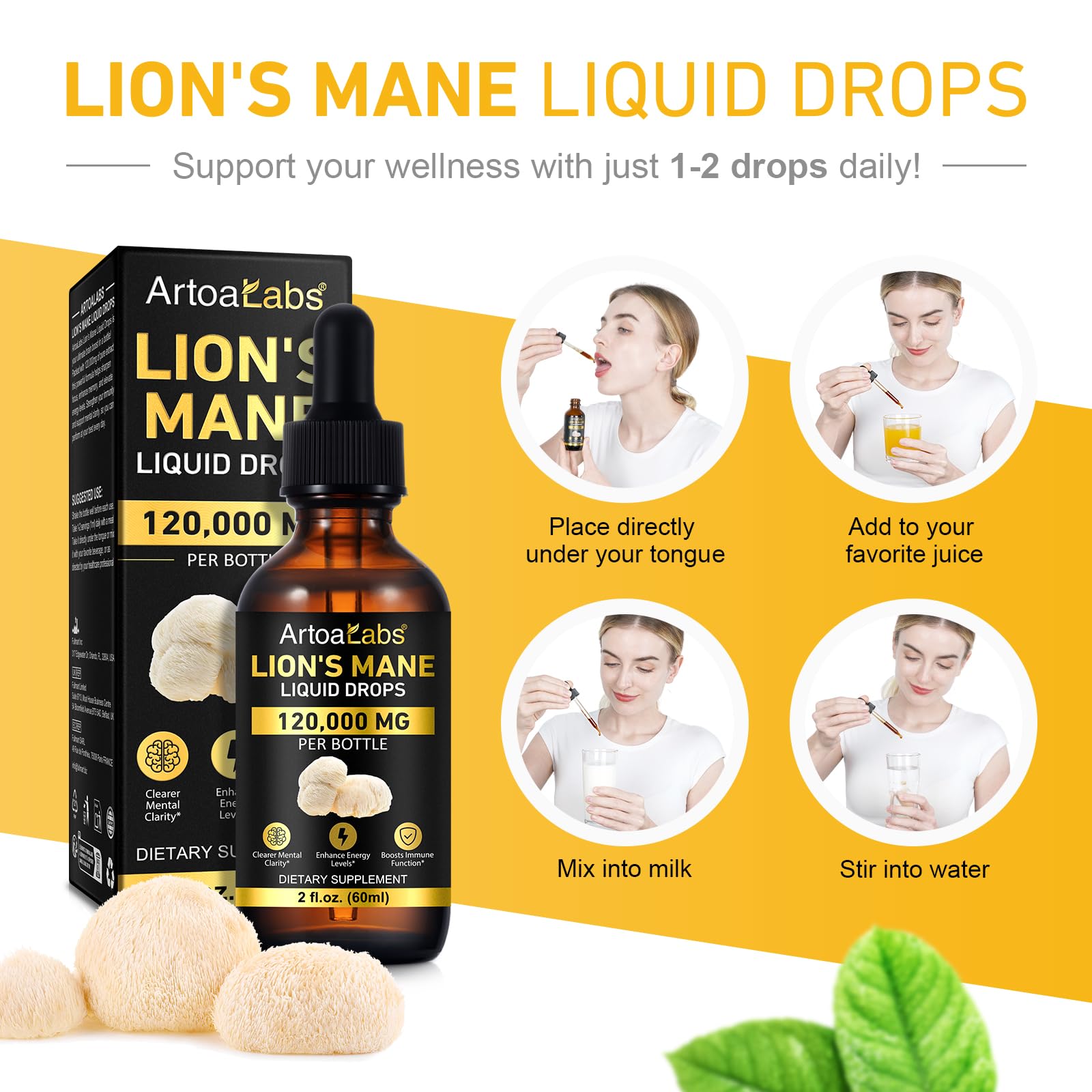 jollifish Lion’s Mane Liquid Drops back view showing ingredients