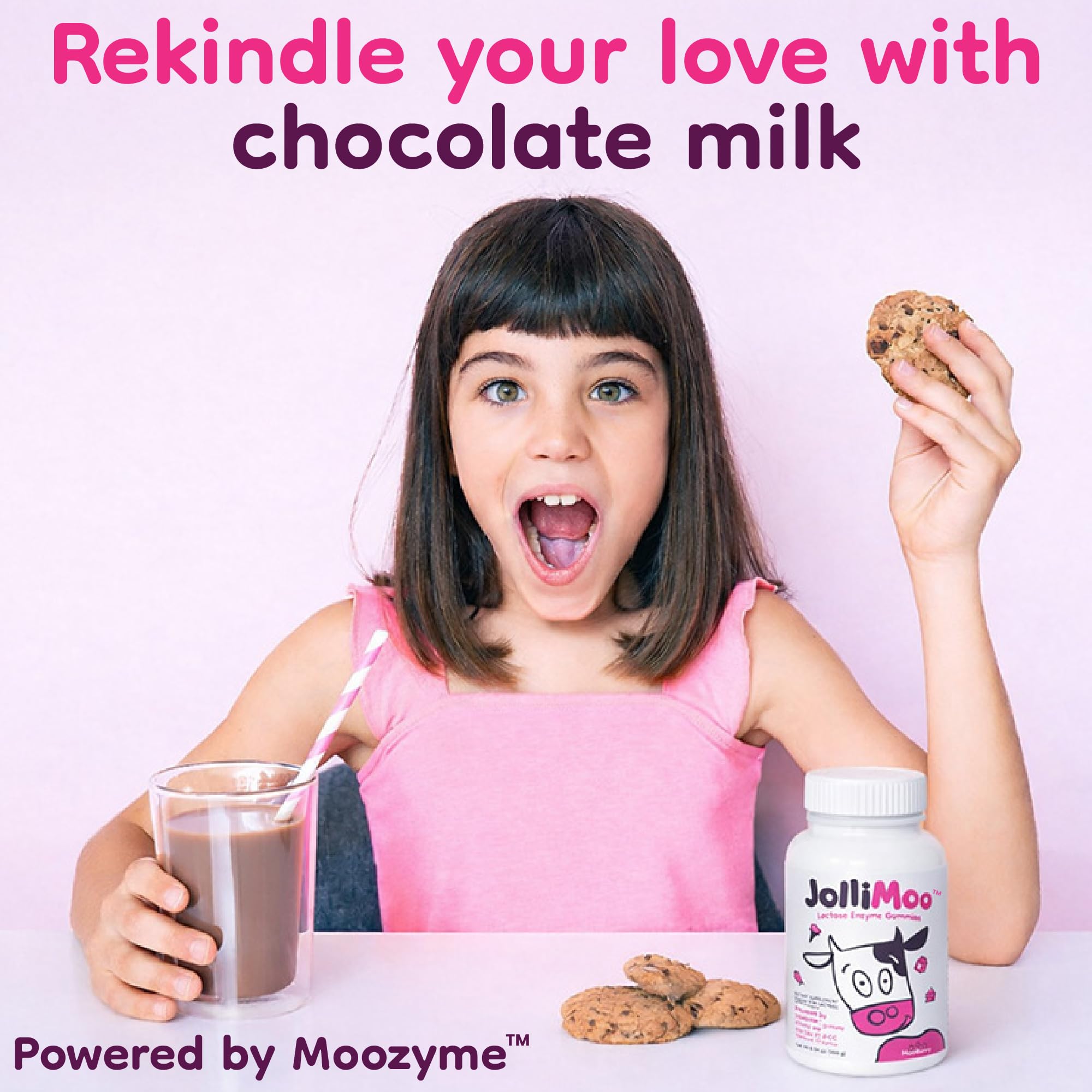 JolliMoo Lactase Enzyme Gummies with a glass of milk