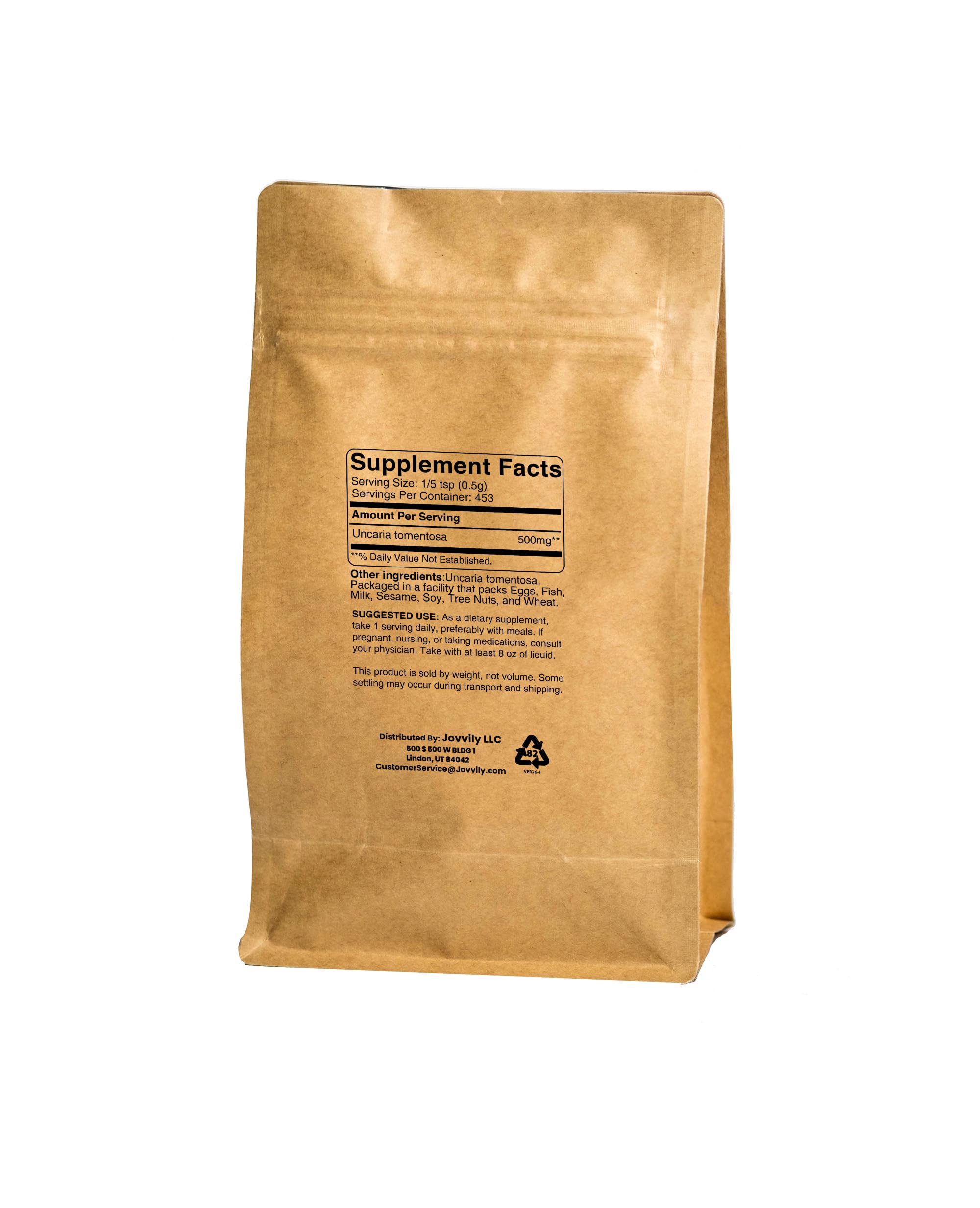 Jovvily Cat's Claw Bark supplement side view showing ingredients list