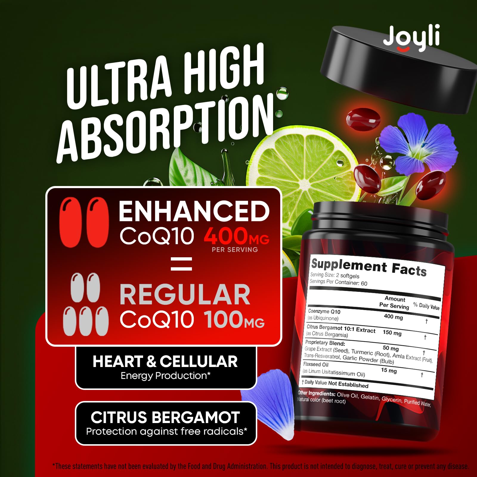 JOYLI Nutrition CoQ10 400mg Softgels back view with ingredients