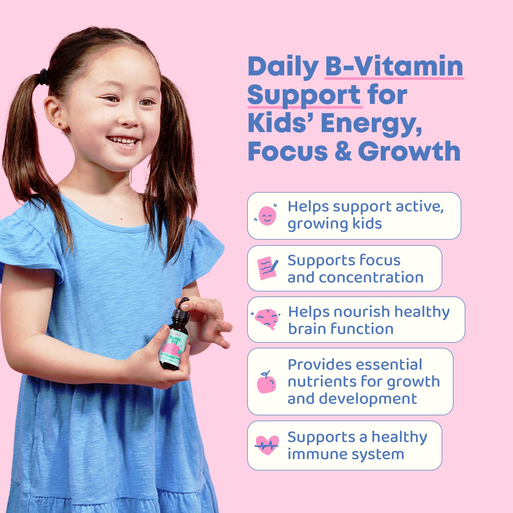 JoySpring Burst B12 kids vitamin B complex liquid supplement bottle side view