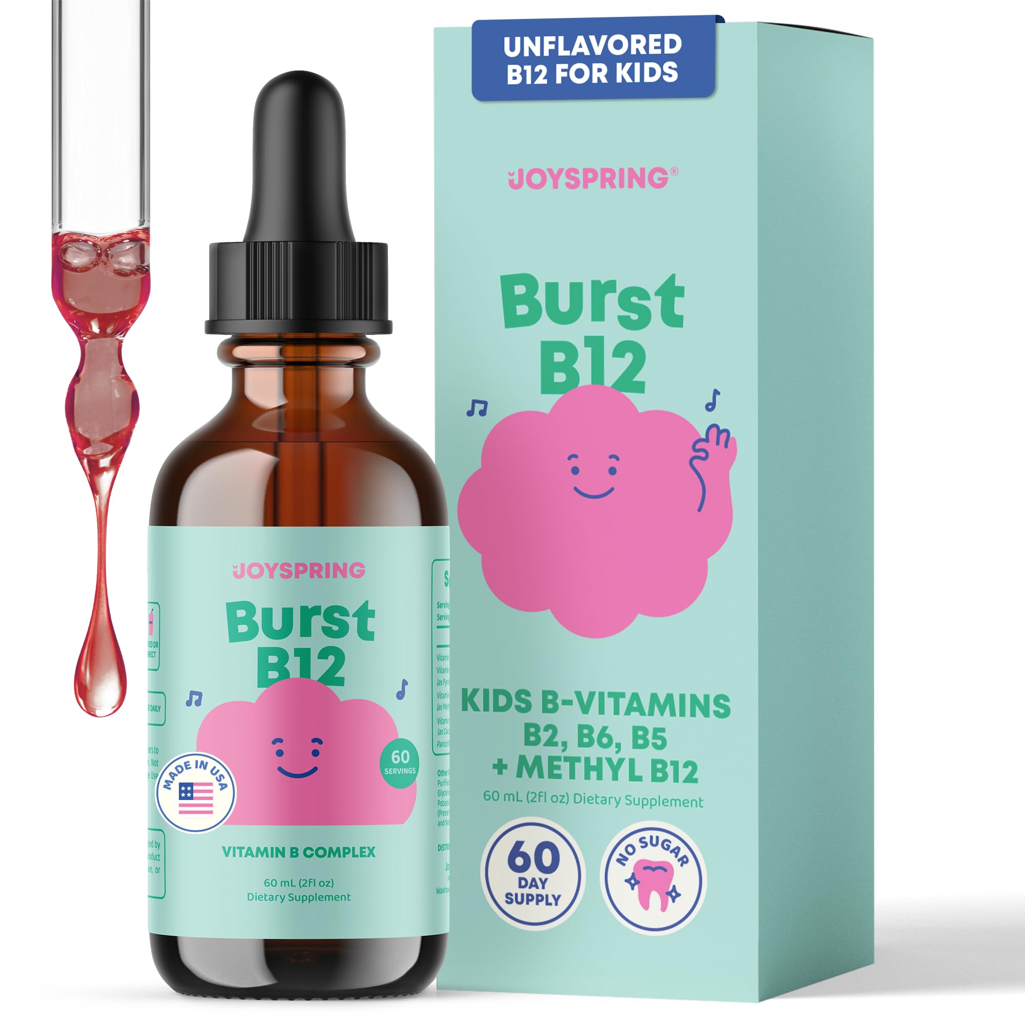 JoySpring Burst B12 kids vitamin B complex liquid supplement front view