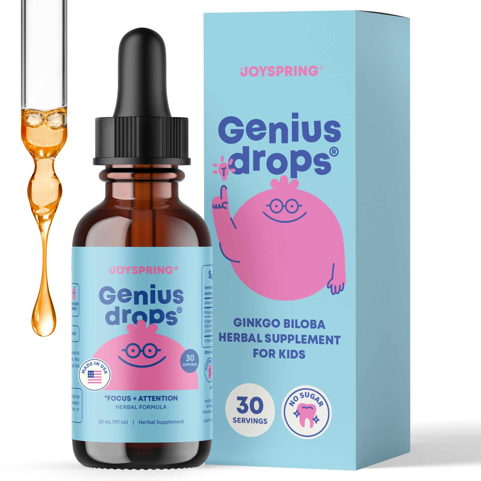 JoySpring Genius Drops Ginkgo Biloba liquid supplement bottle front view