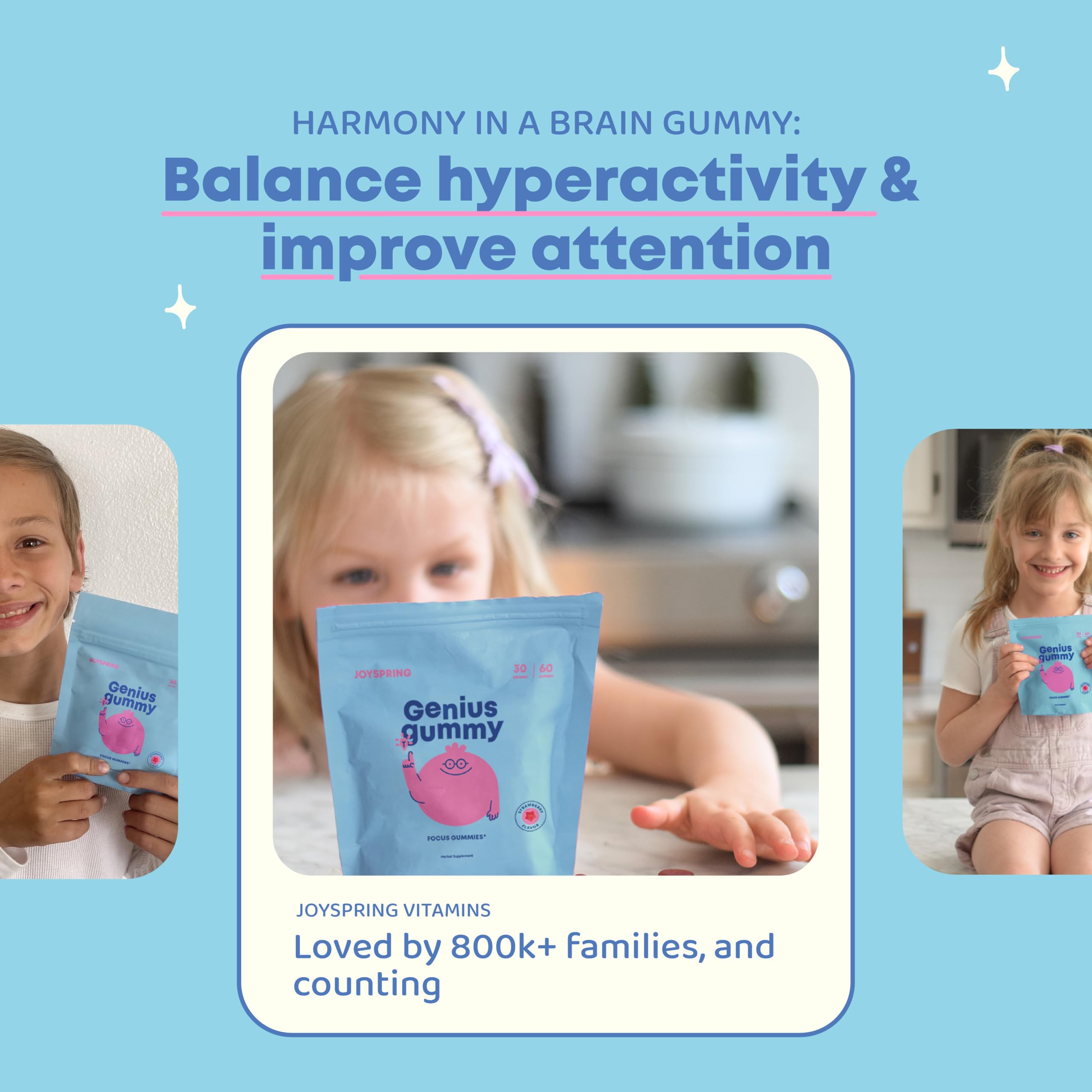 JoySpring Genius Laser Focus Gummies on a table with a child's school supplies