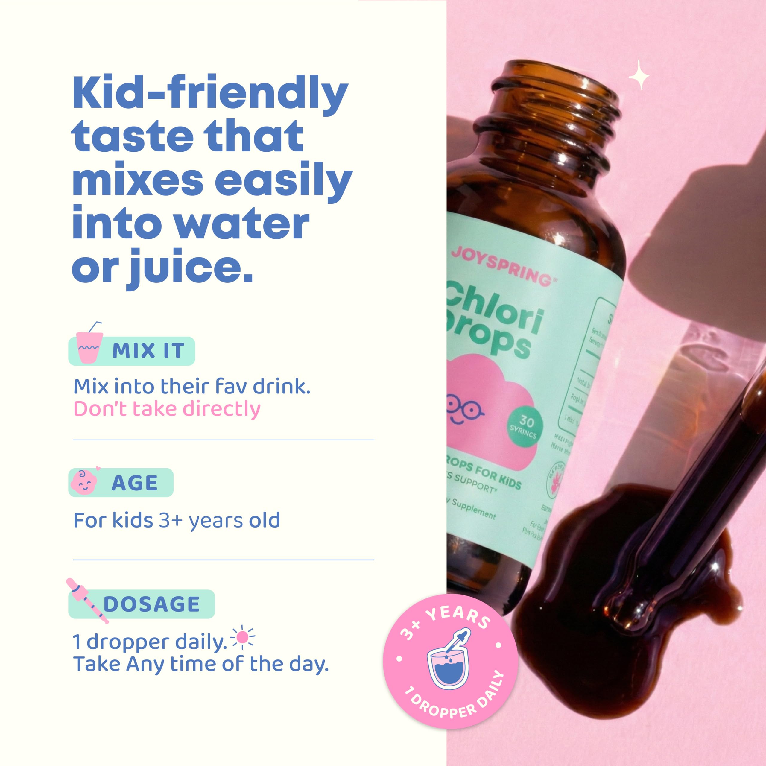 JoySpring Kids Chlorophyll Drops 18g on a kitchen counter
