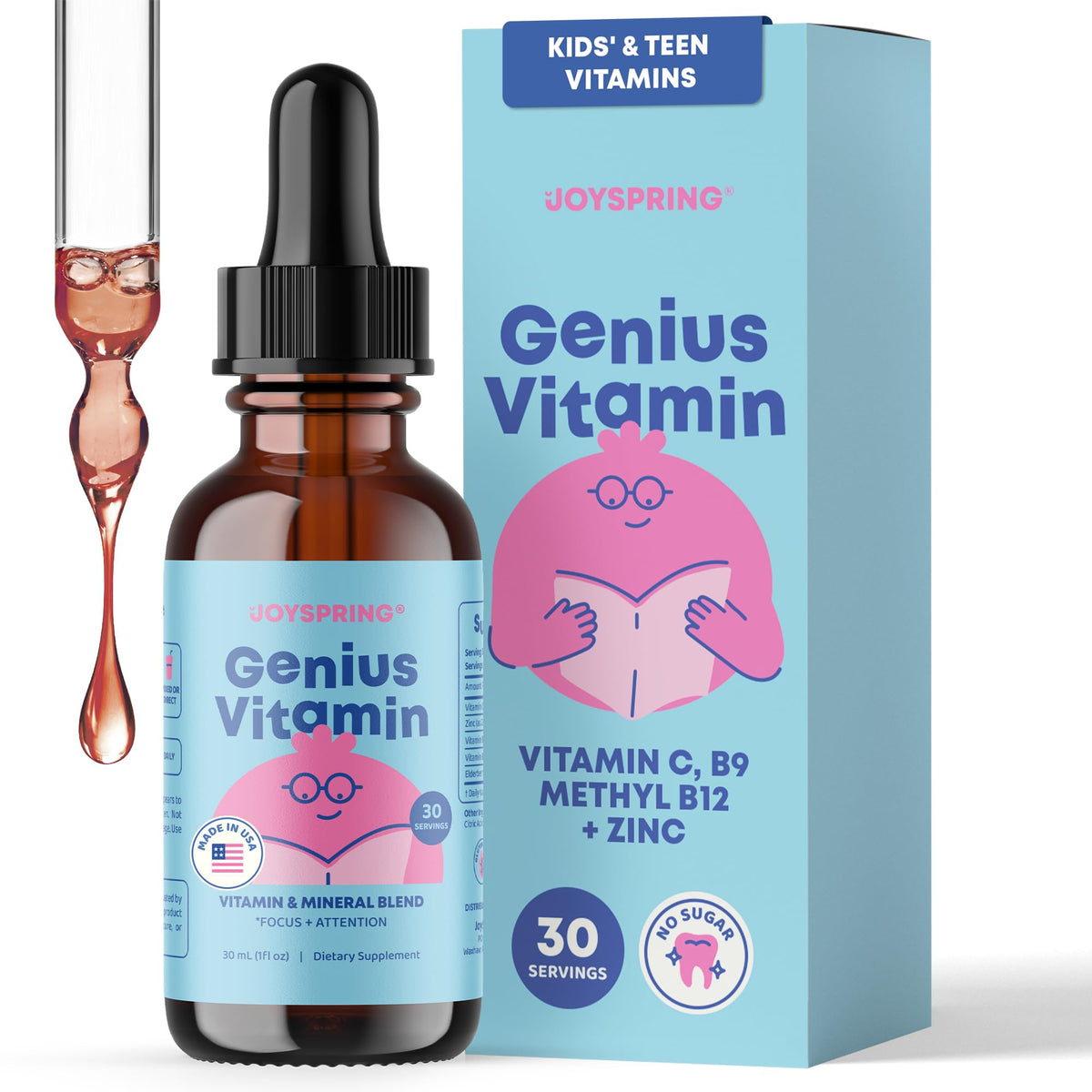 JoySpring Kids Liquid B-Complex Vitamin front view with elderberry flavour