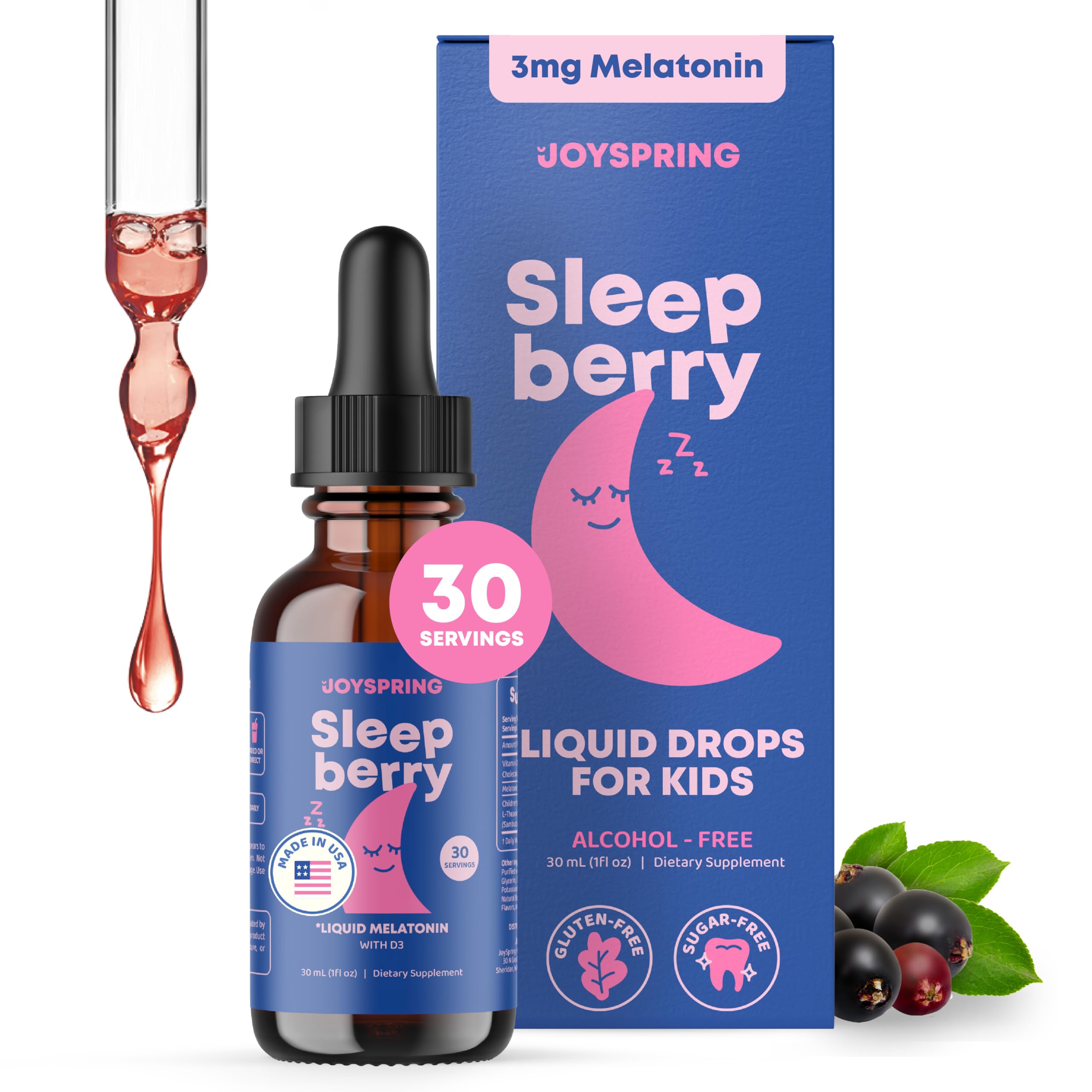 JoySpring SleepBerry Kids Melatonin Liquid 1 fl oz bottle front view