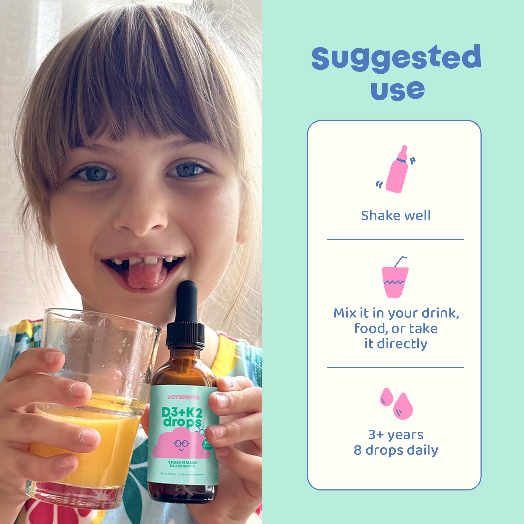 JoySpring Vitamin D3 & K2 Drops for Kids 2 fl oz lifestyle scene