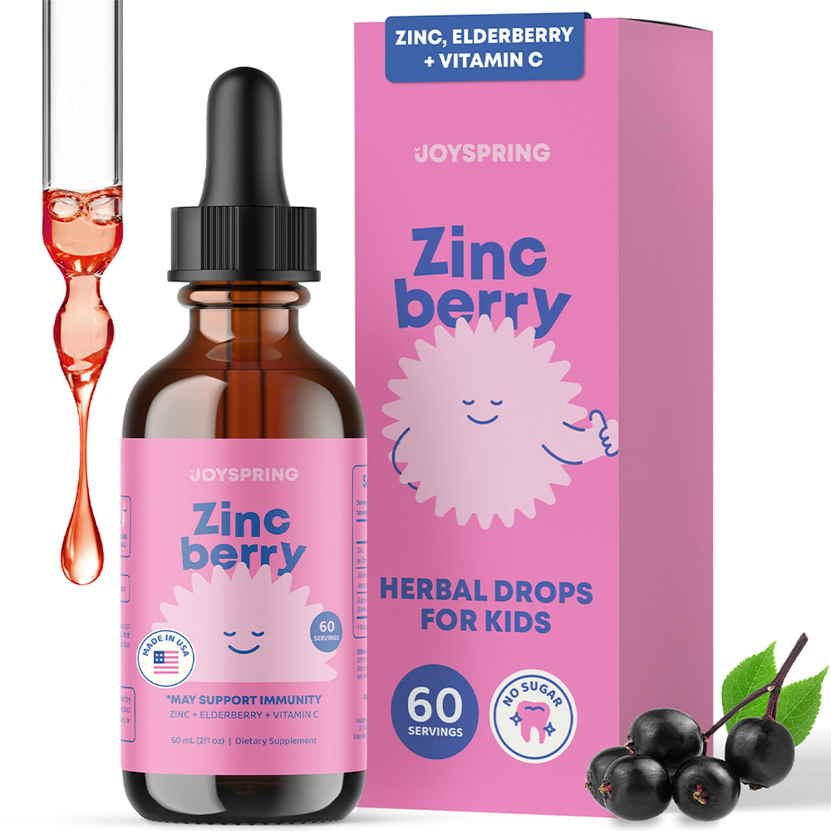 JoySpring ZincBerry Kids Zinc Supplement 2 fl oz front view