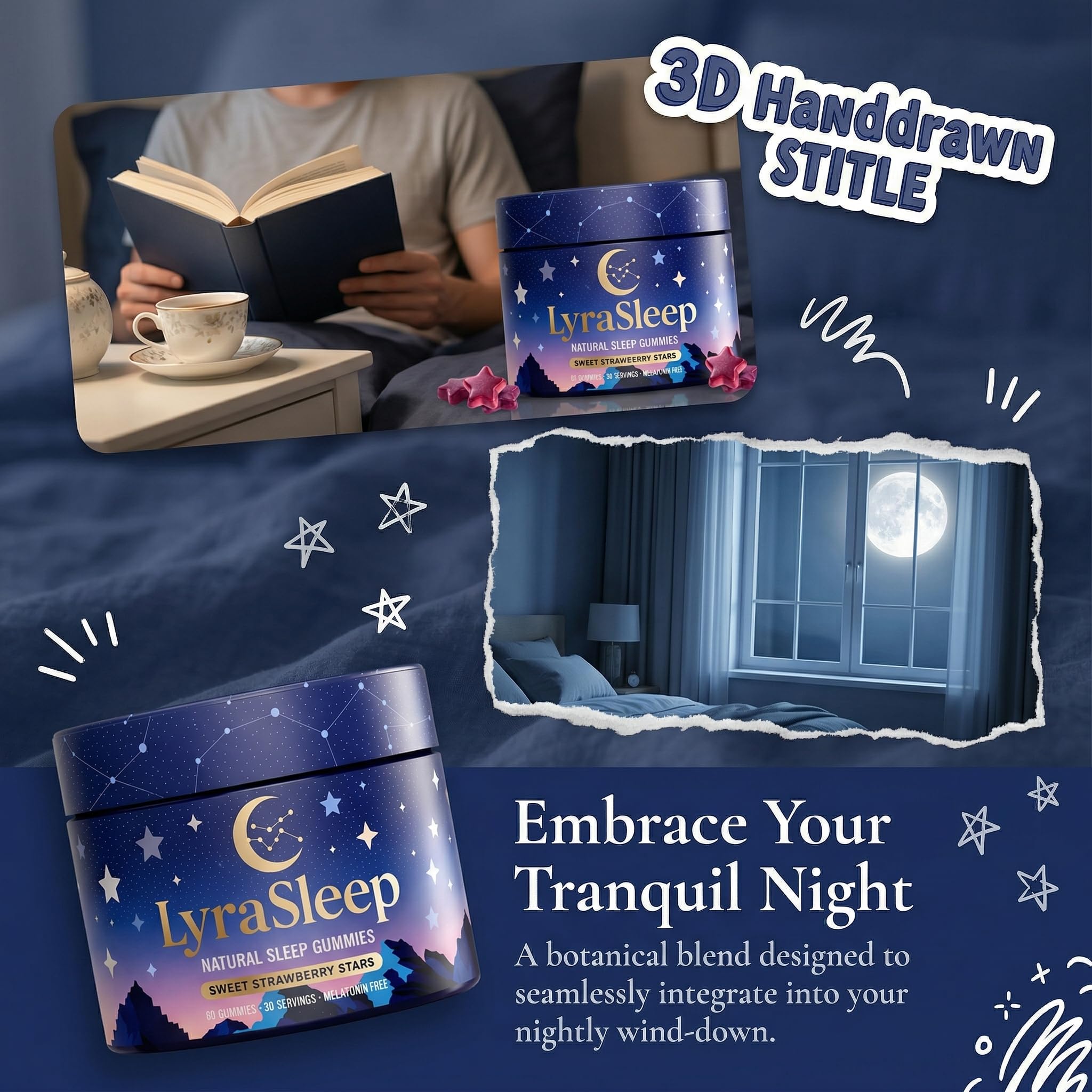 Jqewlg Lyrasleep Nighttime daily wellness Gummies displayed with other supplements