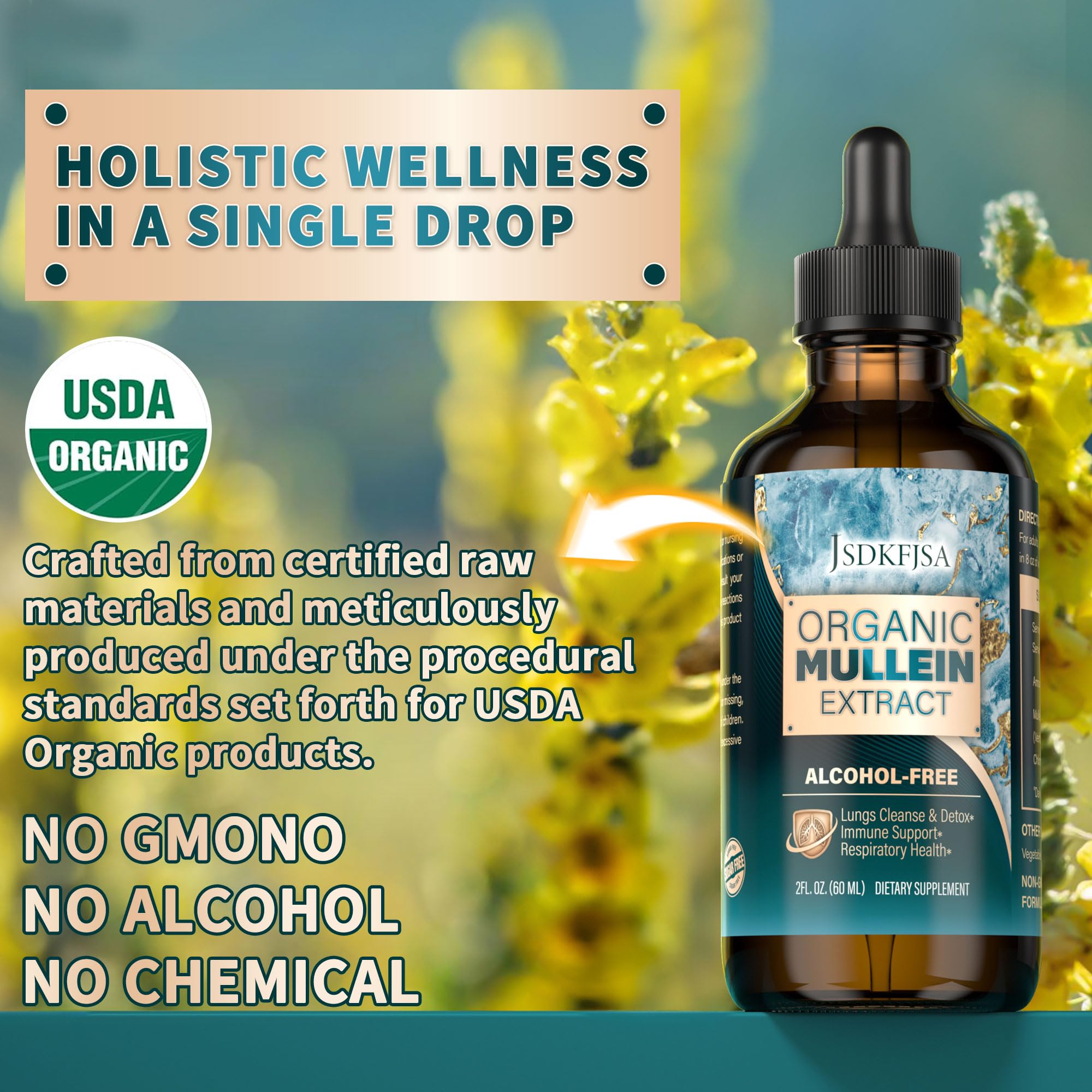 JSDKFJSA Mullein Leaf Extract Tincture bottle with dropper