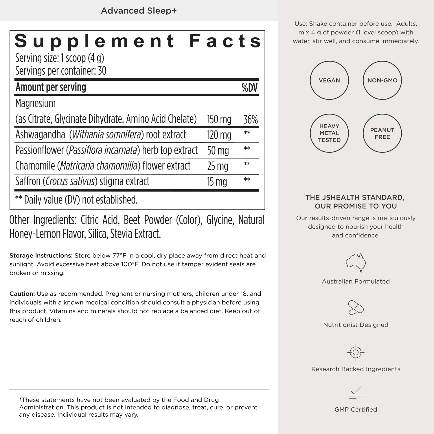 JSHealth Advanced Sleep Plus Powder nutritional information