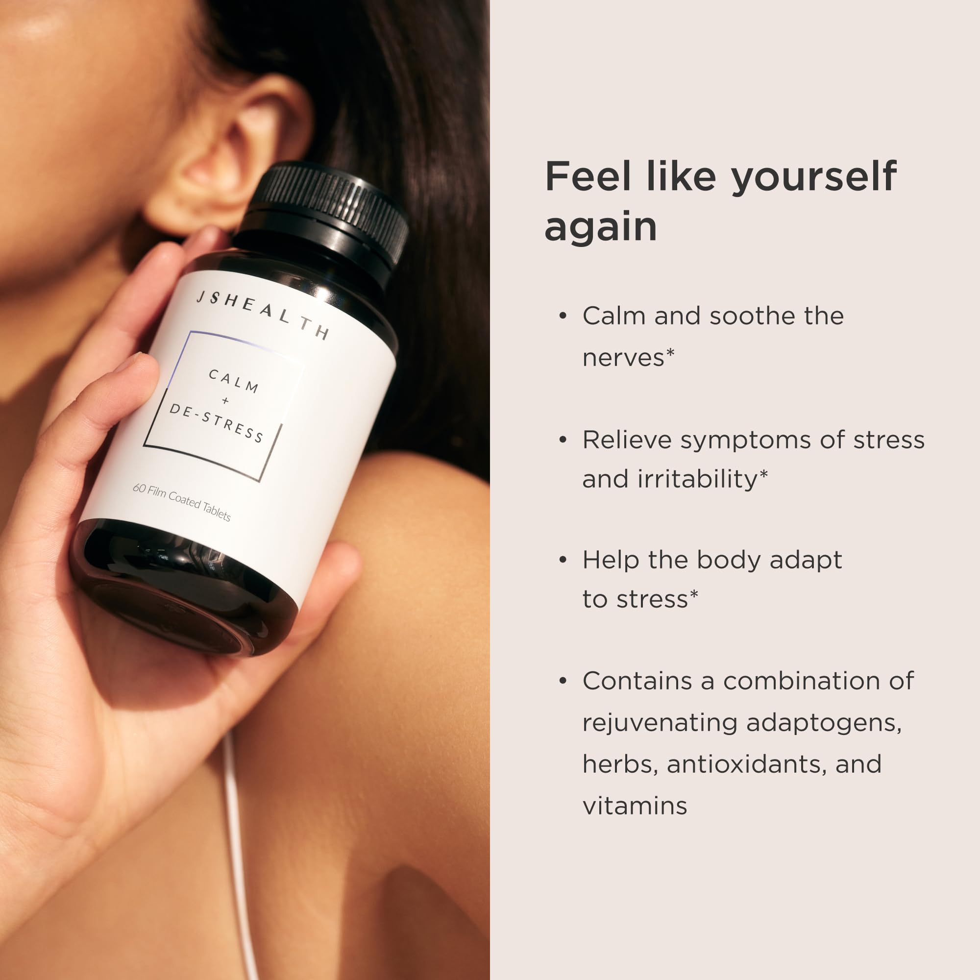 JSHealth Calm + Destress vegan supplement back view with ingredients