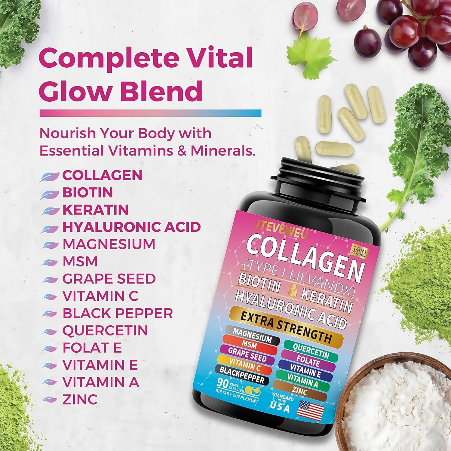 JTEVEweu 14-in-1 Collagen Capsules packaging and dosage information