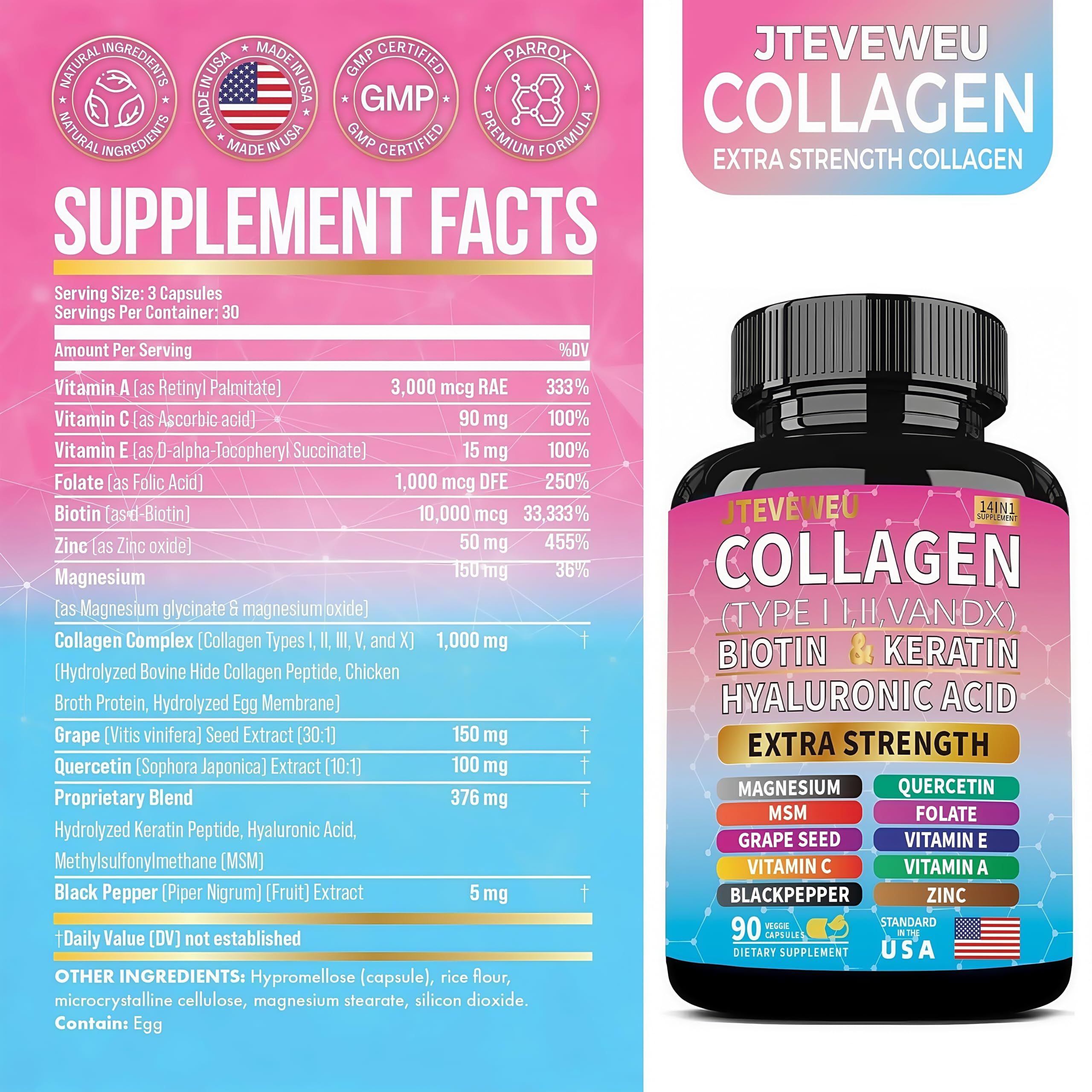 JTEVEweu 14-in-1 Collagen Capsules side view with packaging