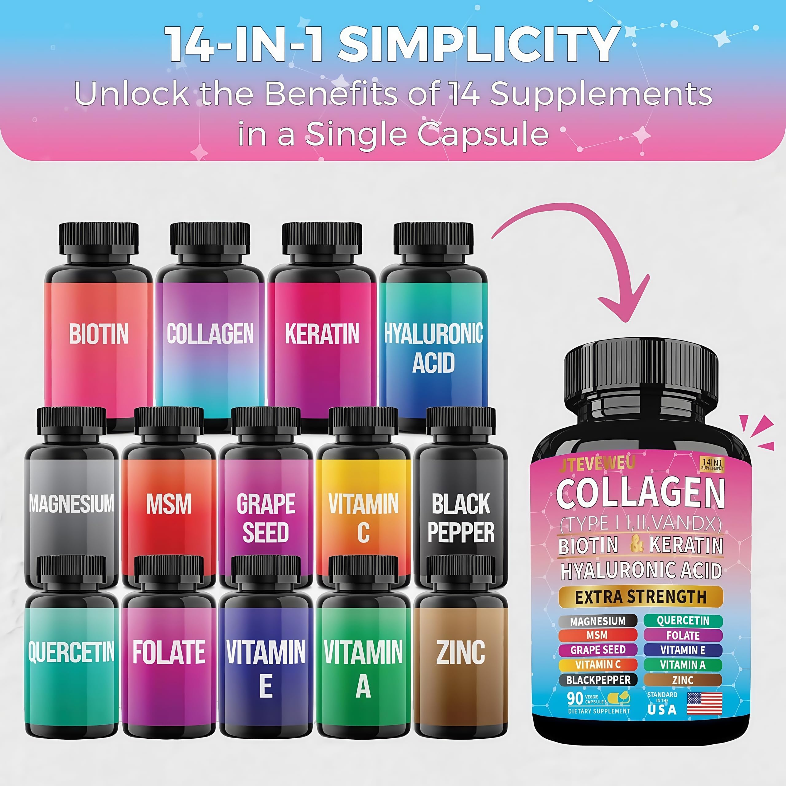 JTEVEweu 14-in-1 Collagen Capsules with a measuring spoon