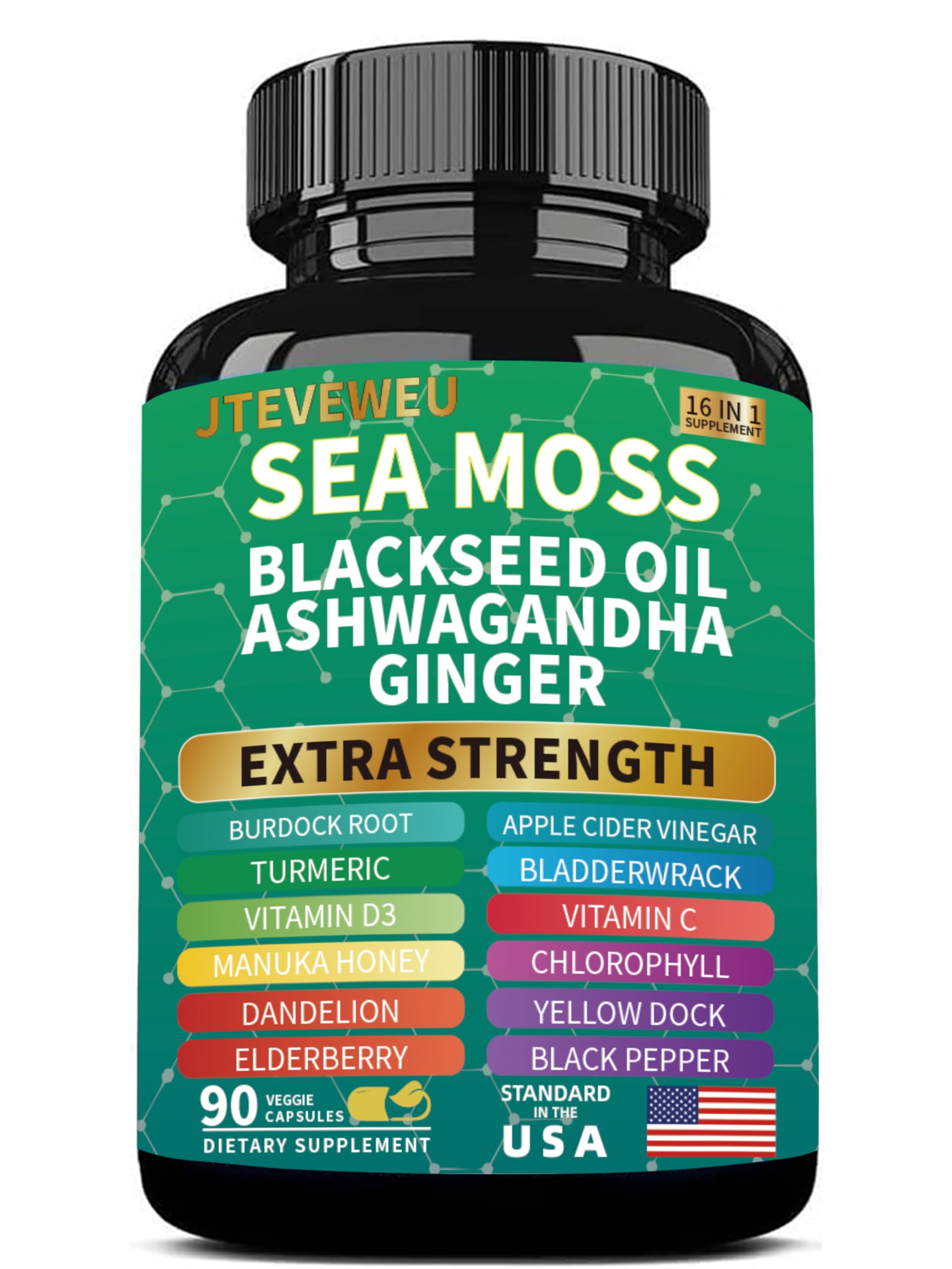 JTEVEweu Sea Moss Black Seed Oil Capsules bottle front view