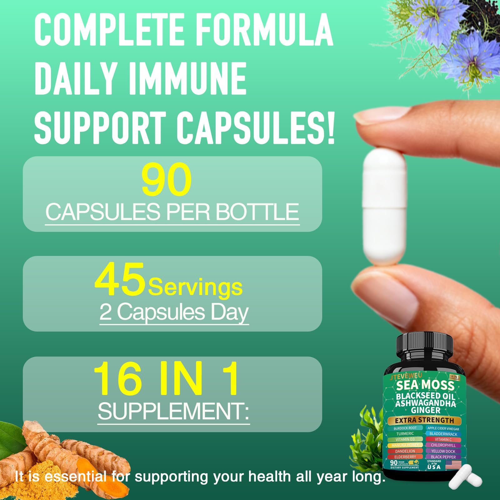 JTEVEweu Sea Moss Black Seed Oil Capsules in a lifestyle setting