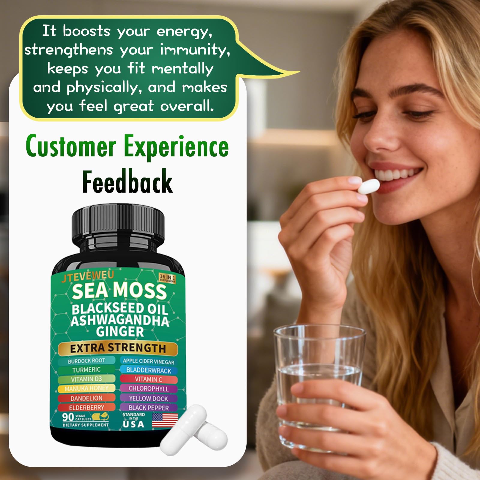 JTEVEweu Sea Moss Black Seed Oil Capsules on a wooden table