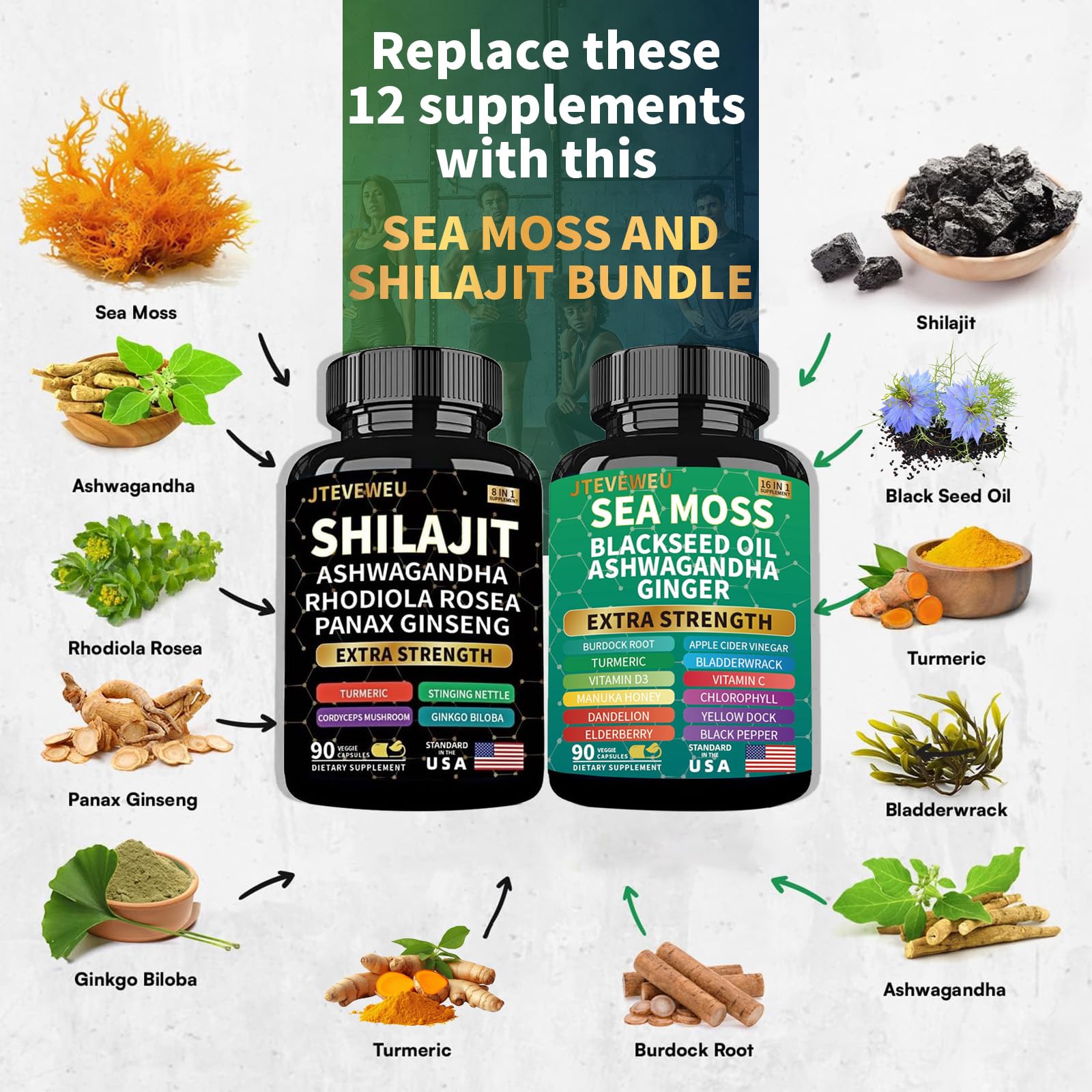 JTEVEweu Sea Moss Capsules lifestyle scene with a glass of water