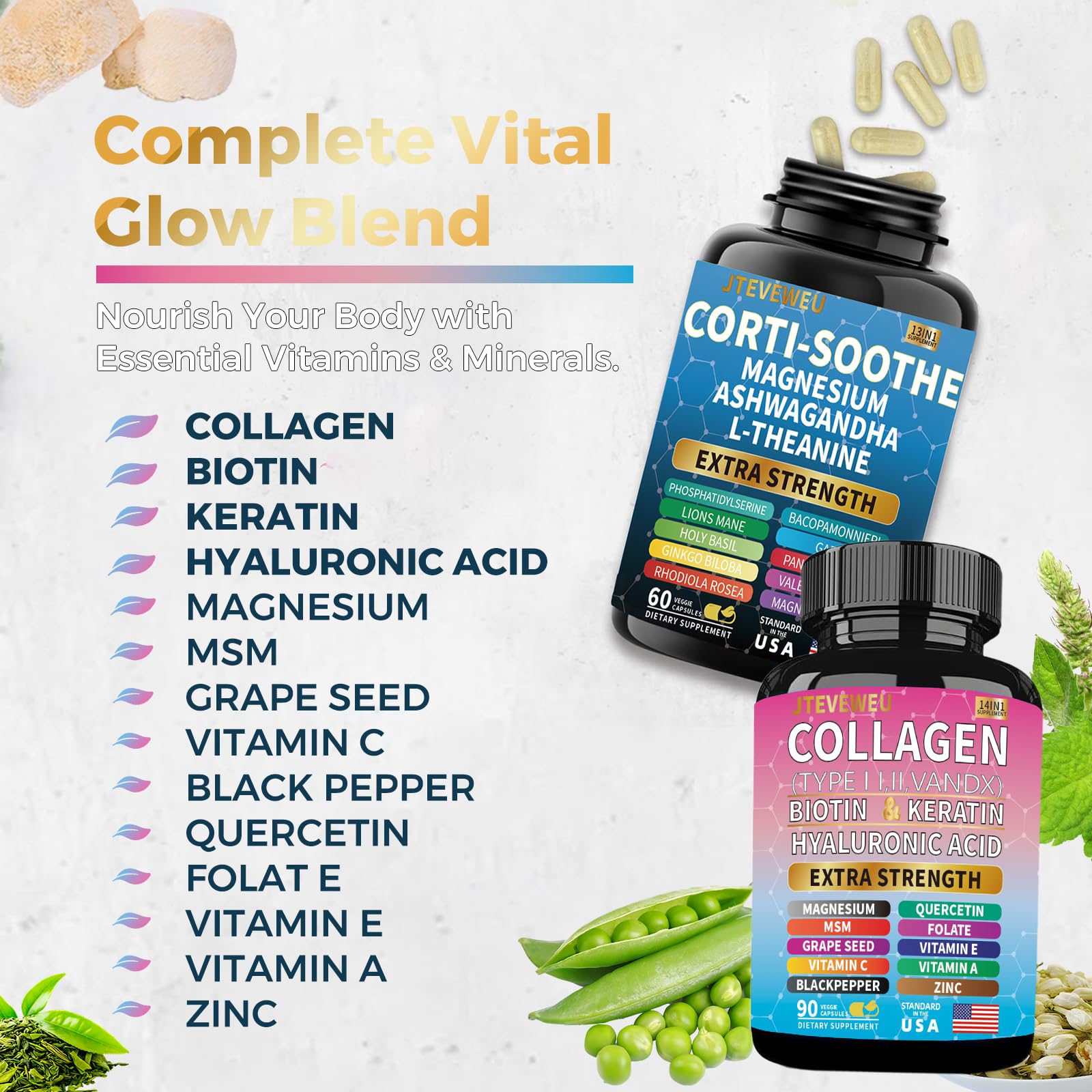 JTEVEweu supplement bottle with a fresh green background